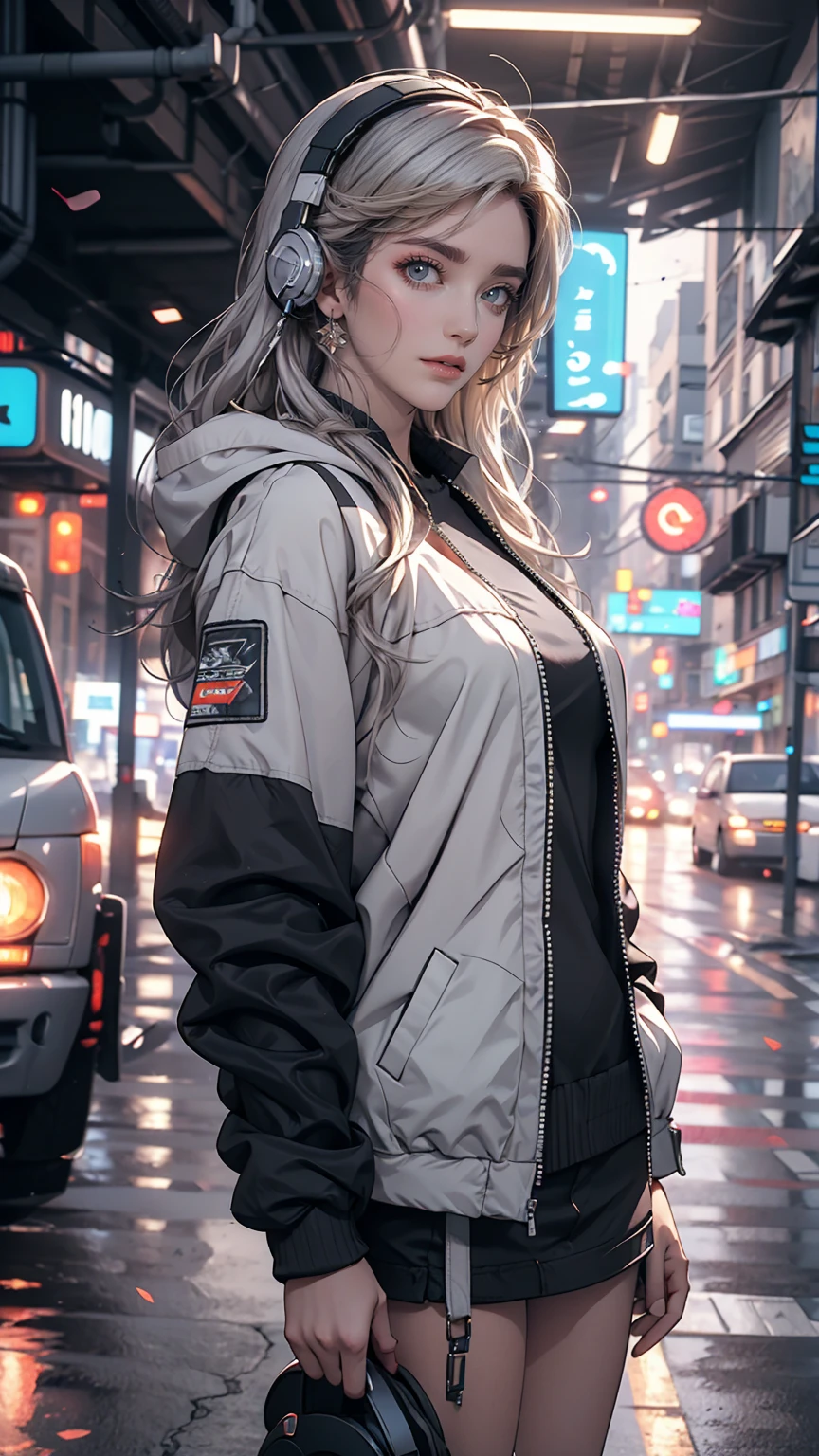 One girl, Gray Hair, Long Hair, Techwear masterpiece, highest quality, Realistic, realism, Dark purple jacket, Portraiture, Fine grain, Wearing the headset, Platinum Hair, 21 year old girl, Fashion pose, Half Body, Wide shot, on the road, cyber punk