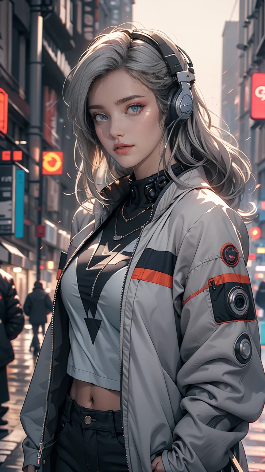 One girl, Gray Hair, Long Hair, Techwear masterpiece, highest quality, Realistic, realism, Dark purple jacket, Portraiture, Fine grain, Wearing the headset, Platinum Hair, 21 year old girl, Fashion pose, Half Body, Wide shot, on the road, cyber punk