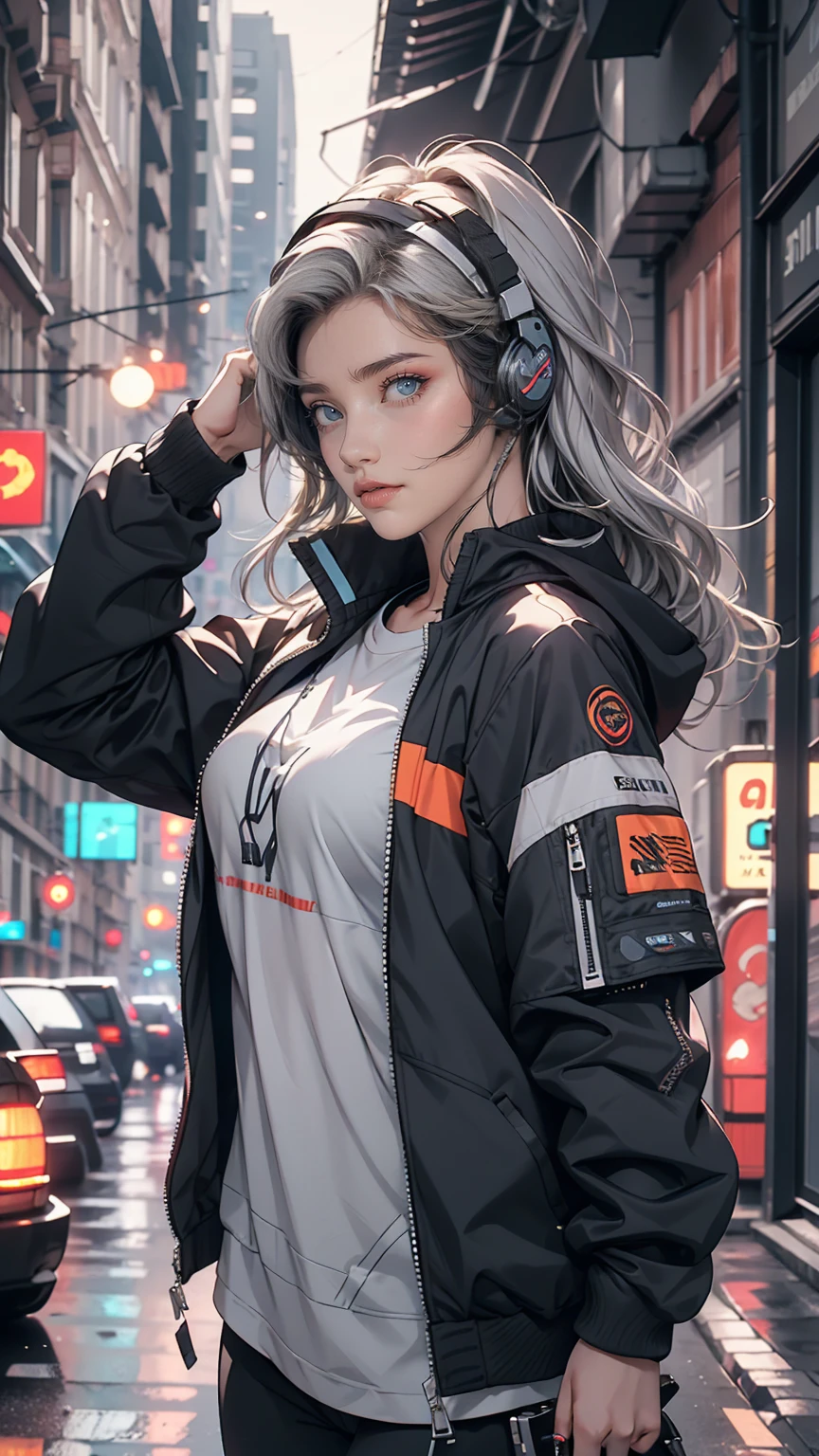 One girl, Gray Hair, Long Hair, Techwear masterpiece, highest quality, Realistic, realism, Dark purple jacket, Portraiture, Fine grain, Wearing the headset, Platinum Hair, 21 year old girl, Fashion pose, Half Body, Wide shot, on the road, cyber punk