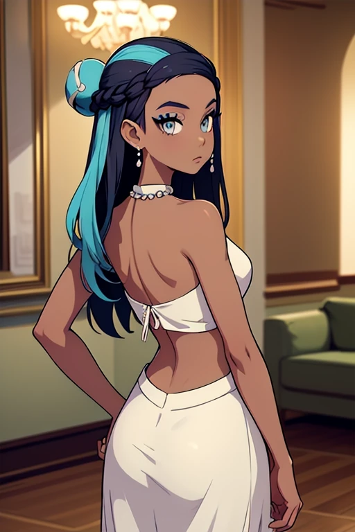 masterpiece, best quality, solo, 1girl, nessadress, dark skin, makeup, expressionless, looking at viewer, standing, hand on hip, single hair bun, white dress, midriff, bare midriff, crop top, from behind, (backless), bare back, sleeveless, long skirt, pearl necklace, earrings, indoors, ballroom