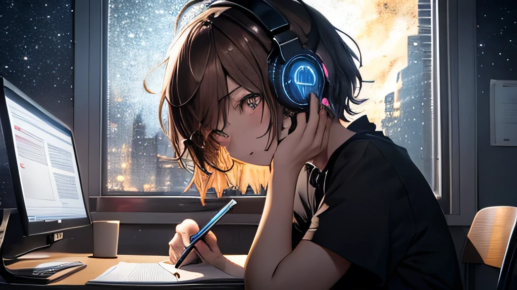 (Highly detailed CG Unity 8k wallpaper), The most beautiful works of art in the world, One girl, Short sleeve,Upper Body,Midnight、A girl studying at a desk with a pencil，Hair color is dark brown，short hair,Over ear headphones，Starry sky in the window