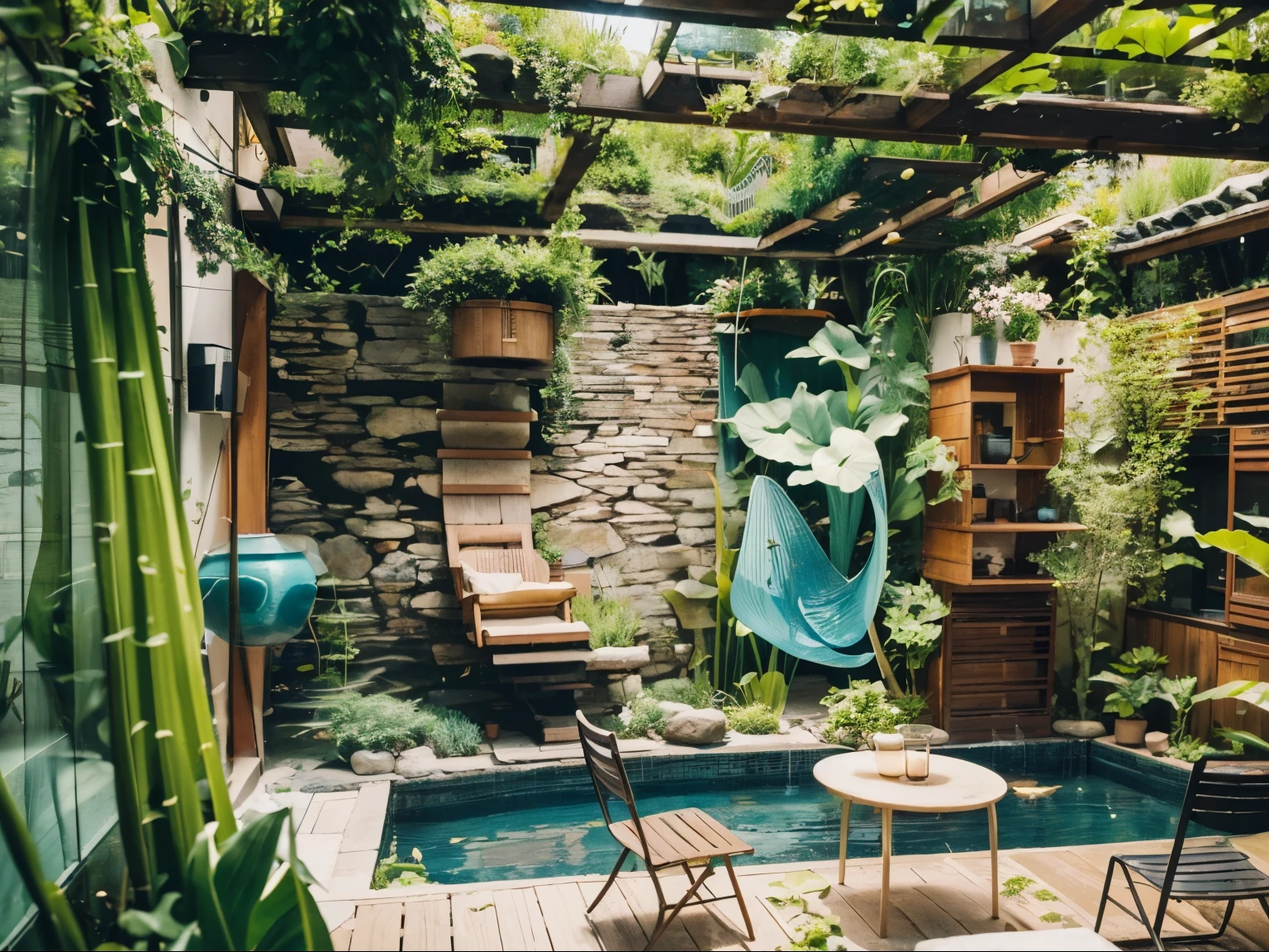 there is a small pond in the middle of a patio, a photorealistic painting by Elena Guro, unsplash, modernism, with a fishpond and courtyard, small pond, with a miniature indoor lake, serene and peaceful style, quiet and serene atmosphere, plants and patio, peaceful ambience, koi pond, garden at home, lush chic garden, relaxing environment, perfectly detailed