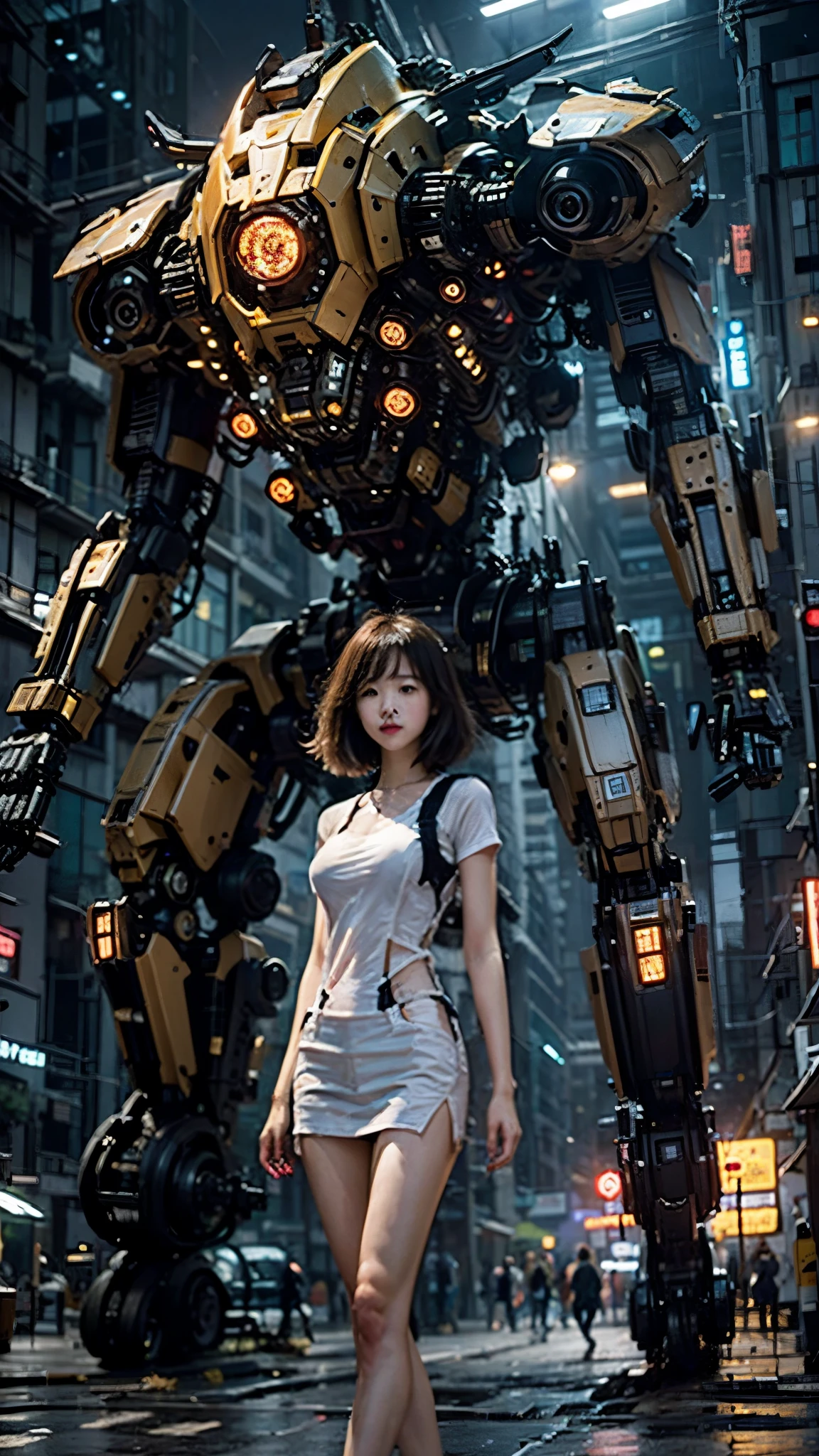 ((masterpiece, best quality)),illustration,Ultra detailed 8k,Reality,Clear focus,Very detailed,Professional lighting,Colorful Detailed,Rainbow-colored BREAK Extremely long shot of the factory,Large machinery construction,Microchips,,Luminescence,Intricate details,shitu-mecha,1girl stands in front of the audience,Umbilical cord