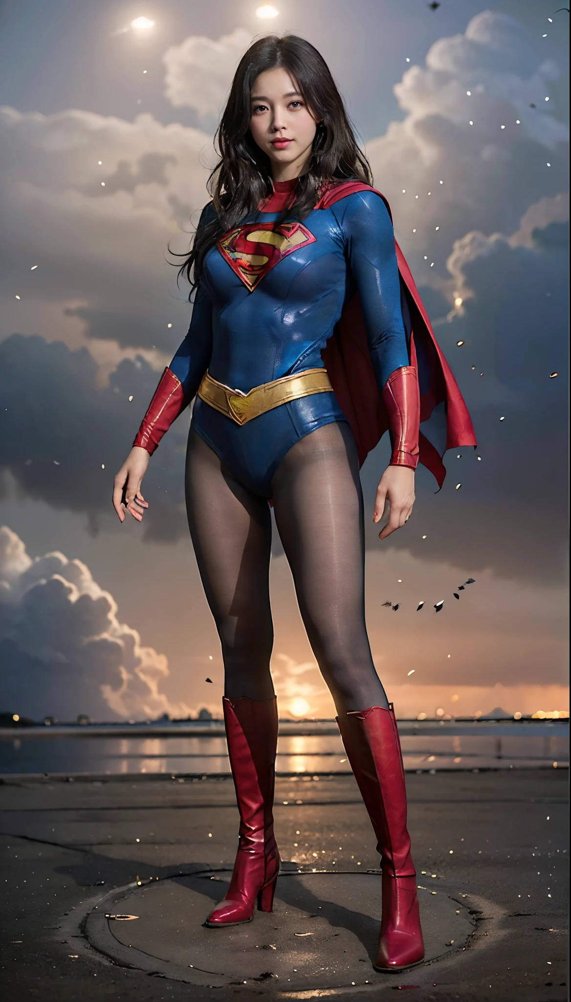 No background、(((Beautiful legs in black tights.)))、(((Legally express the beauty of your smile)))、((((Make the most of your original images)))、(((体にぴったりフィットするSupergirl Costume)))、(((Supergirl Costume)))、(((Beautiful hairstyle)))、(((She is winking cutely.)))、(((Please wear black tights....、Wear red boots)))、((Best image quality、8k))、((highest quality、8k、masterpiece:1.3))、(((Preserve background )))、Sharp focus:1.2、Beautiful woman with perfect figure:1.4、Slim Abs:1.2、Wet body:1.5、Highly detailed face and skin texture、8k