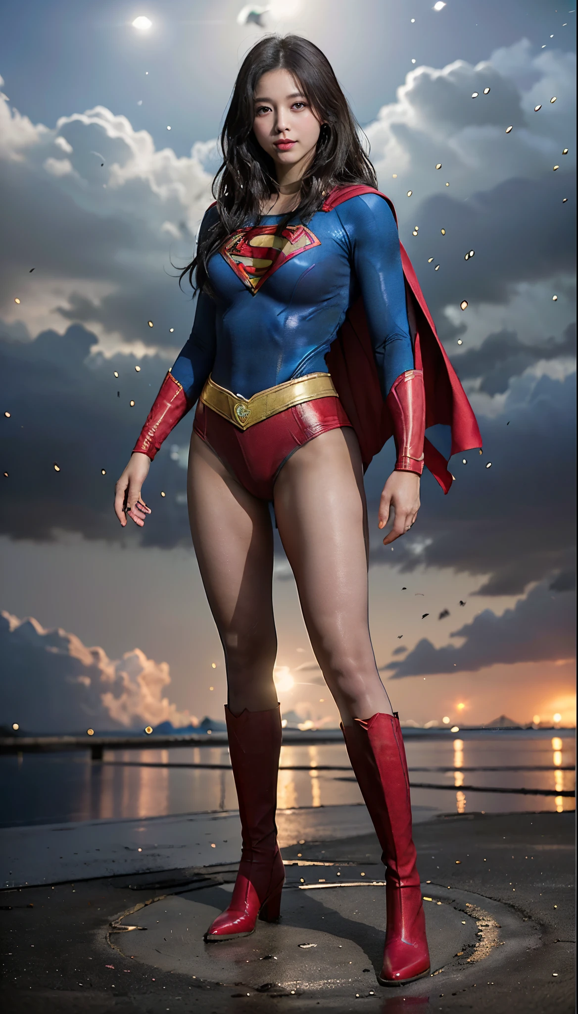 No background、(((Beautiful legs in black tights.)))、(((Legally express the beauty of your smile)))、((((Make the most of your original images)))、(((体にぴったりフィットするSupergirl Costume)))、(((Supergirl Costume)))、(((Beautiful hairstyle)))、(((She is winking cutely.)))、(((Please wear black tights....、Wear red boots)))、((Best image quality、8k))、((highest quality、8k、masterpiece:1.3))、(((Preserve background )))、Sharp focus:1.2、Beautiful woman with perfect figure:1.4、Slim Abs:1.2、Wet body:1.5、Highly detailed face and skin texture、8k