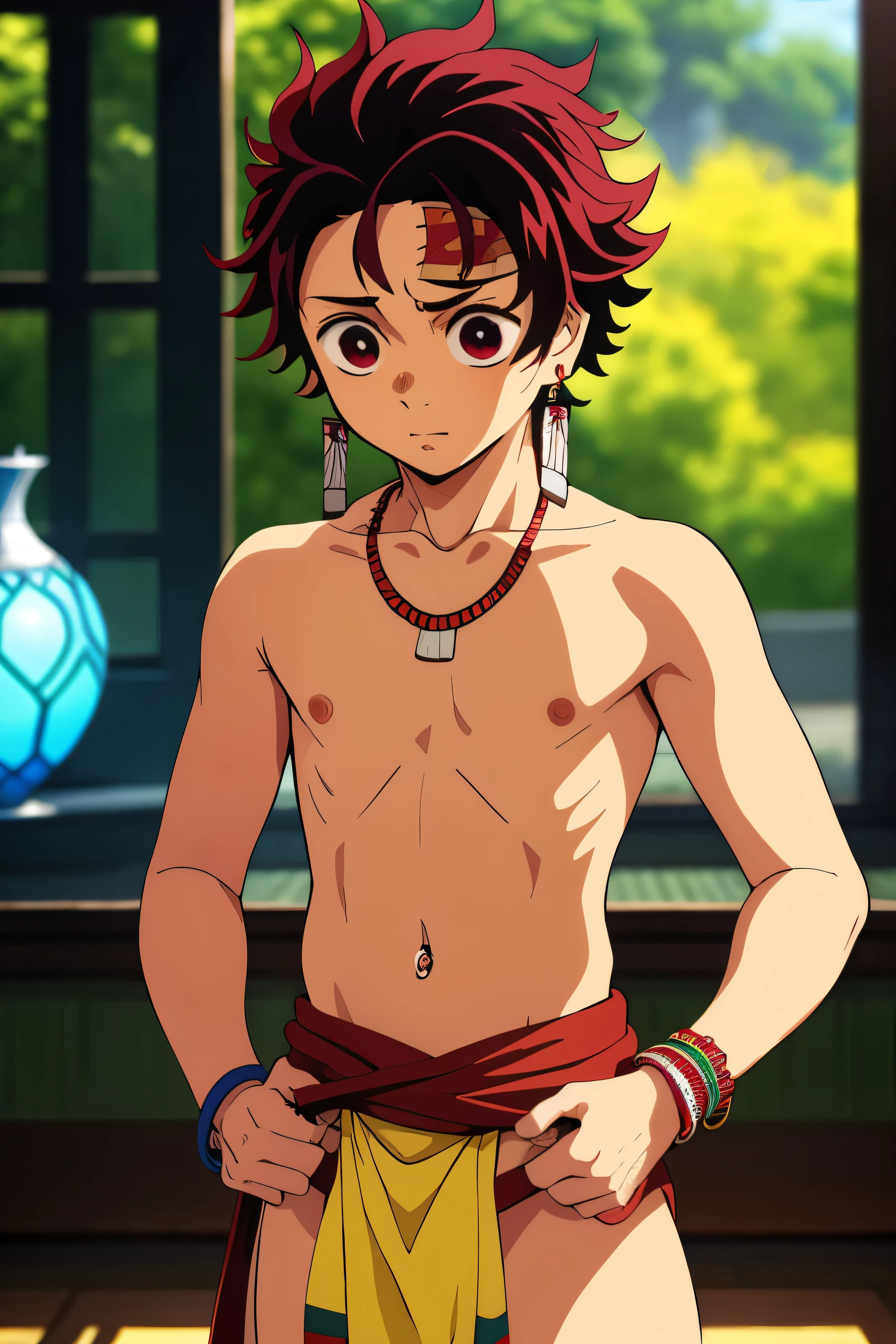 demon slayer, Tanjiro, Highres, Masterpiece, Best quality at best,Best Quality,hight quality, hight detailed, 1boy, Boy,Fluffy hair, Side bangs, Shota, Solo person, Thin young boy without a shirt, Red hair, Egyptian palaces, Egyptian tribal luxury loincloth, earrings, bracelets, necklaces, navel piercing, (very  boy), 14-ye-olys, Bry and simple beckground, bokeh, Uhd