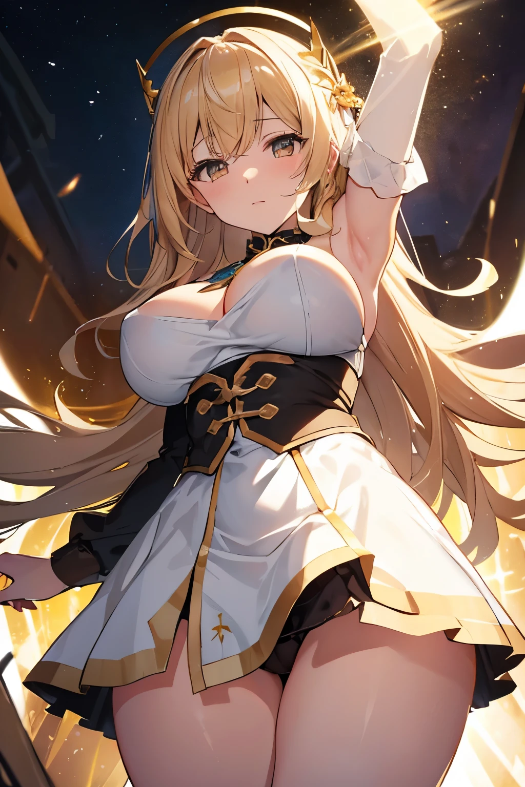 goldの騎士。crusader。An illustration。girl。gold。Big Breasts。Fantasy。Exposed。Light clothing。White skin。mini skirt。Big Breasts。Showing her panties。With legs apart。Fresnel。The hair is transparent with light。Thick thighs。Big Ass。Angle from below。Facing forward with legs apart。