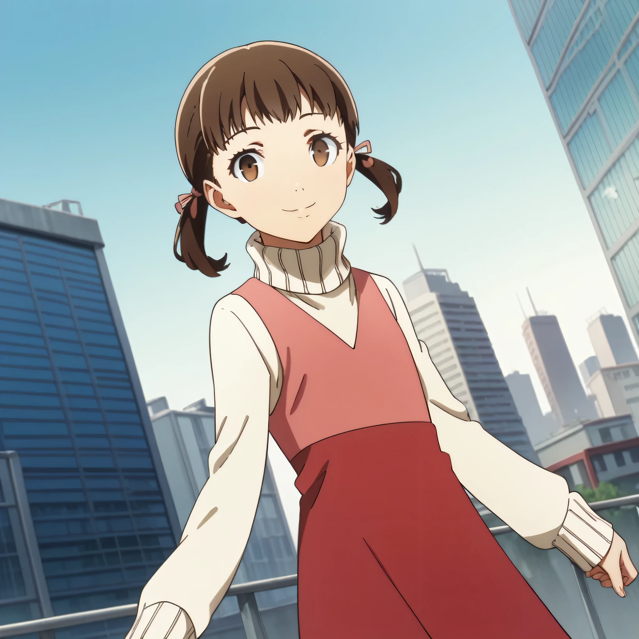 score_9, score_8_up, score_7_up, source_anime,
nanakodoujima, 
nanako doujima, brown hair, twintails, brown eyes, short twintails, ,
dress, turtleneck, long sleeves, sweater,
outdoors, cityscape, smile,
looking at viewer, dutch angle, cowboy shot,