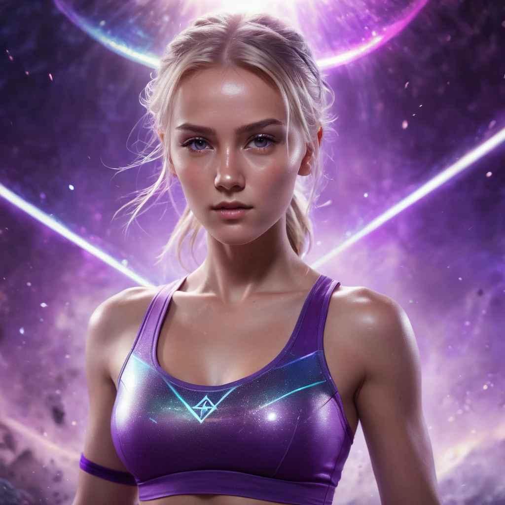 A handsome Norwegian girl, sharp eyes, clear facial features, wearing top tank, combat posture, martial arts movements, body surrounded by purple mist, runes around, holographic reality, holographic halo, motion blur, game light effects, edge light, soft light, movie edge light, delicate light, masterpiece, super detailed, epic composition, super HD, high quality, highest quality, 32k