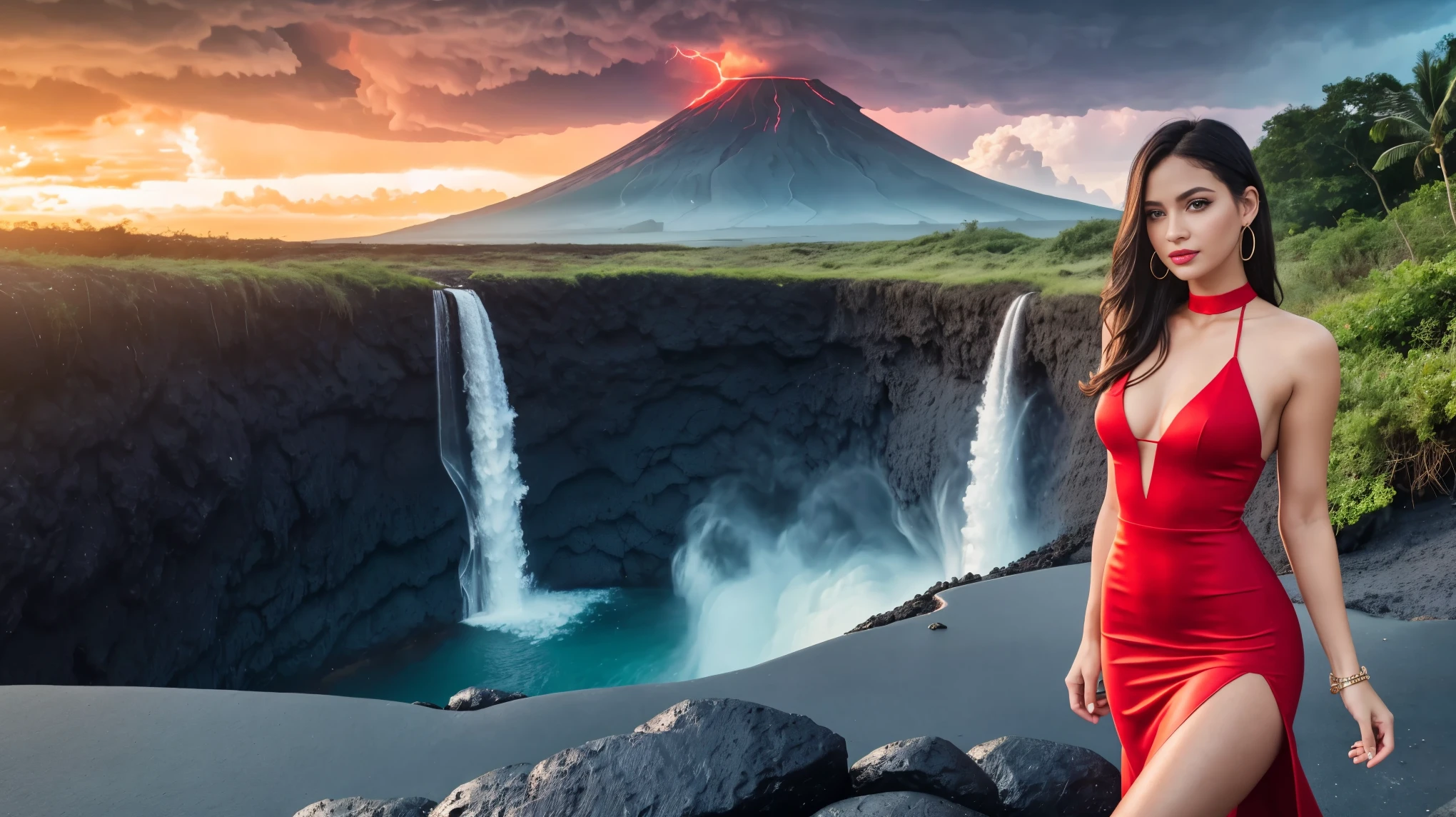 Ray tracing, 8k resolution, wallpaper, masterpiece, center, photo realistic, realism, jungle, ICE, lava, volcano, beach, sunset, waves, lightning, thunderstorm, realistic lightning
Standing in the waterfalls 
(Portrait girl), 1 pretty European, black hair, looking at camera, big blue eyes, full lips, seductive smile, eyeliner wings, lip stick eyeshadow, earring hoops, choker, perfect skin, flat stomach, (red dress:1.3), (short dress, slit dress, tight dress:1.3), (deep neckline:1.3), no top, nude, loving embrace, passion, desire, looks at the camera