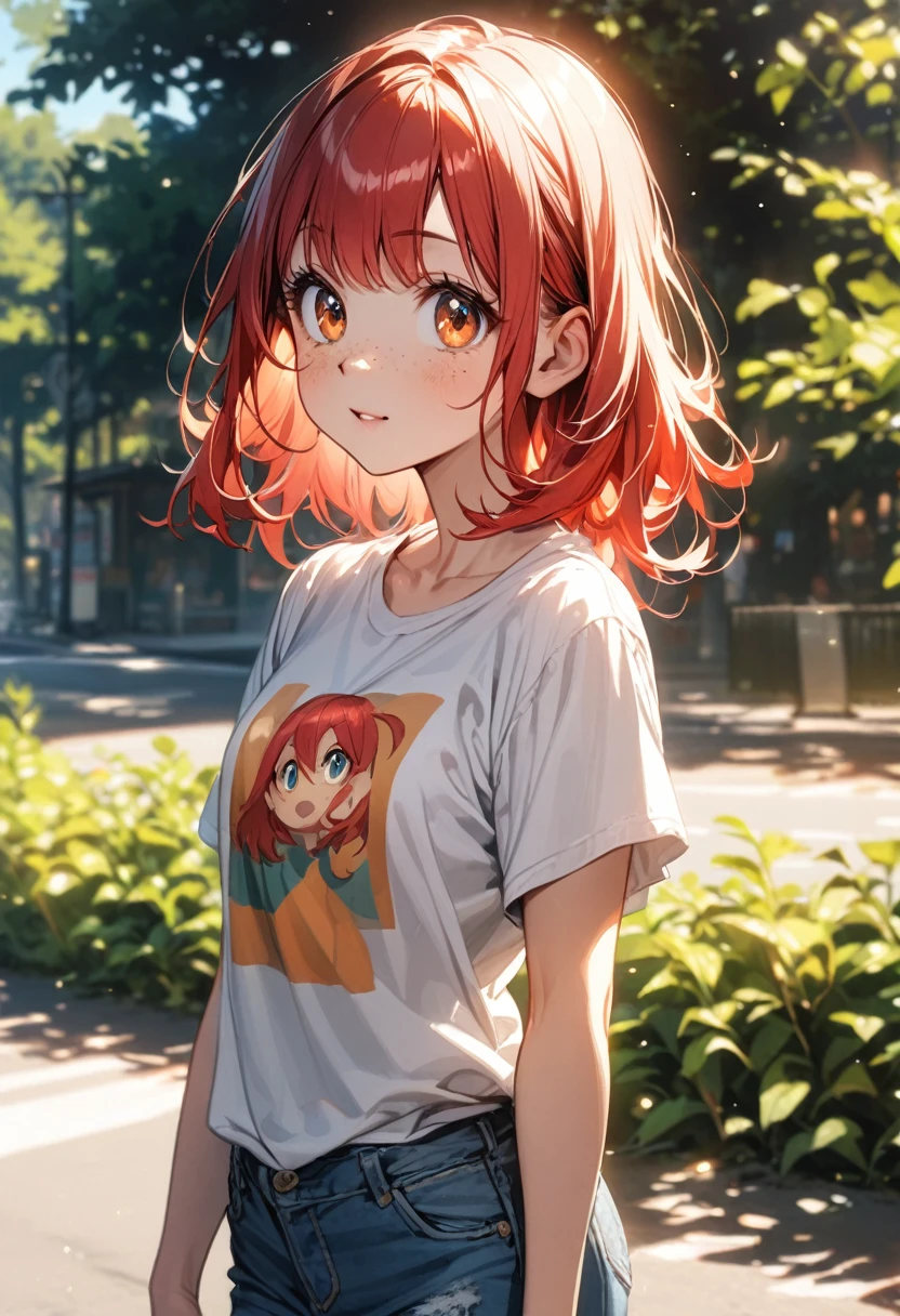 young girl(red hair, freckles, big eyes,), t-shirt, jeans, outdoors, sunny