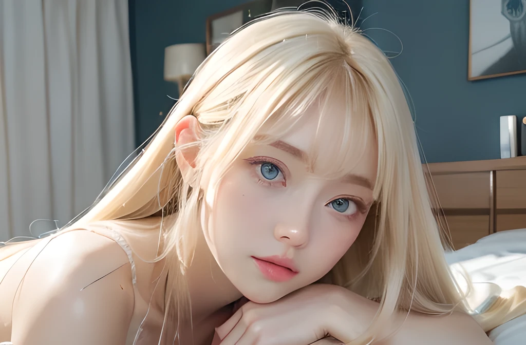 A very white and beautiful 20-year-old blonde girl、masterpiece, highest quality, shape, Ultra-fine detail, Natural platinum blonde with a natural shine、Super long straight silky hair、Super long hair like Rapunzel、Hair tangled all over the body、bangs over eyes、bangs on the face、Messy bangs、High resolution, 8K TV Wallpaper, Perfect dynamic composition, Big, bright, light blue eyes that shine beautifully、Very big eyes、of hotel(bed)、Small Face Beauty、Round face、double eyelid、Cheek gloss highlighter、On all fours
