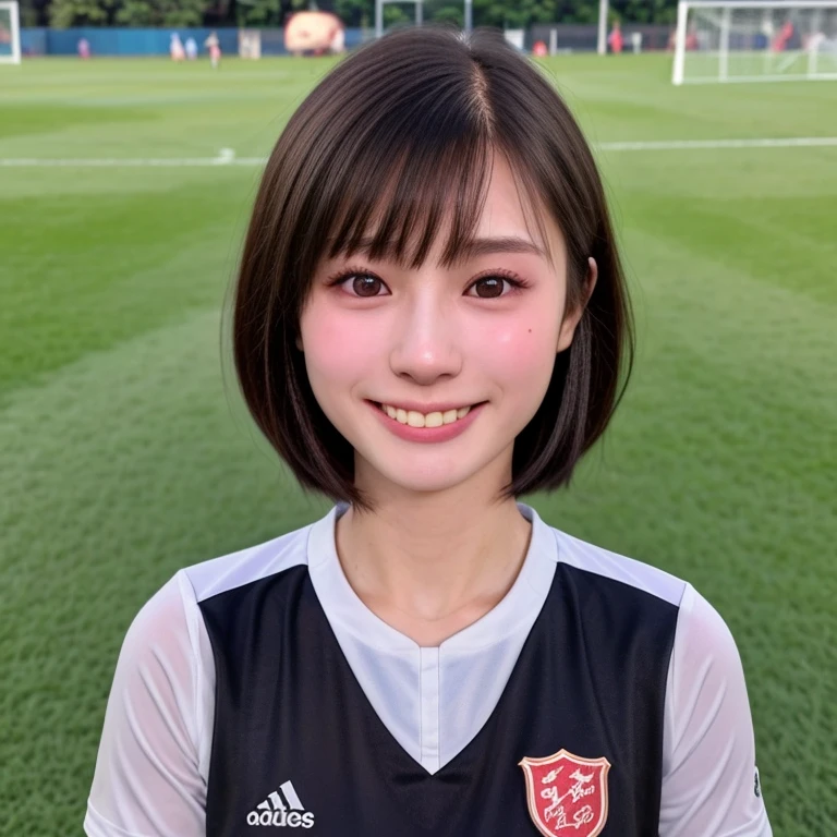 (kawaii 24 year-old Japanese girl, Nogizaka idol, Korean idol, soccer player), healthy female athlete body, (glossy black hair, very short hair, bangs:1.5), beautiful black eyes, rounded face, single eyelid, whitened even teeth, (no makeup:1.2), (big laughing:1.2), (soccer uniform:1.3), extra small breasts, BREAK, (park background, summer daytime:1.2), (dynamic angle, bust shot:1.2), BREAK, (masterpiece, best quality, photo realistic, official art:1.4), (UHD, 8K quality wallpaper, high resolution, raw photo, golden ratio:1.3), (shiny skin), professional lighting, physically based rendering, award winning, (highly detailed skin texture, extremely detailed face and eyes textures), Carl Zeiss 85 mm F/1.4, depth of field, (1girl, solo),