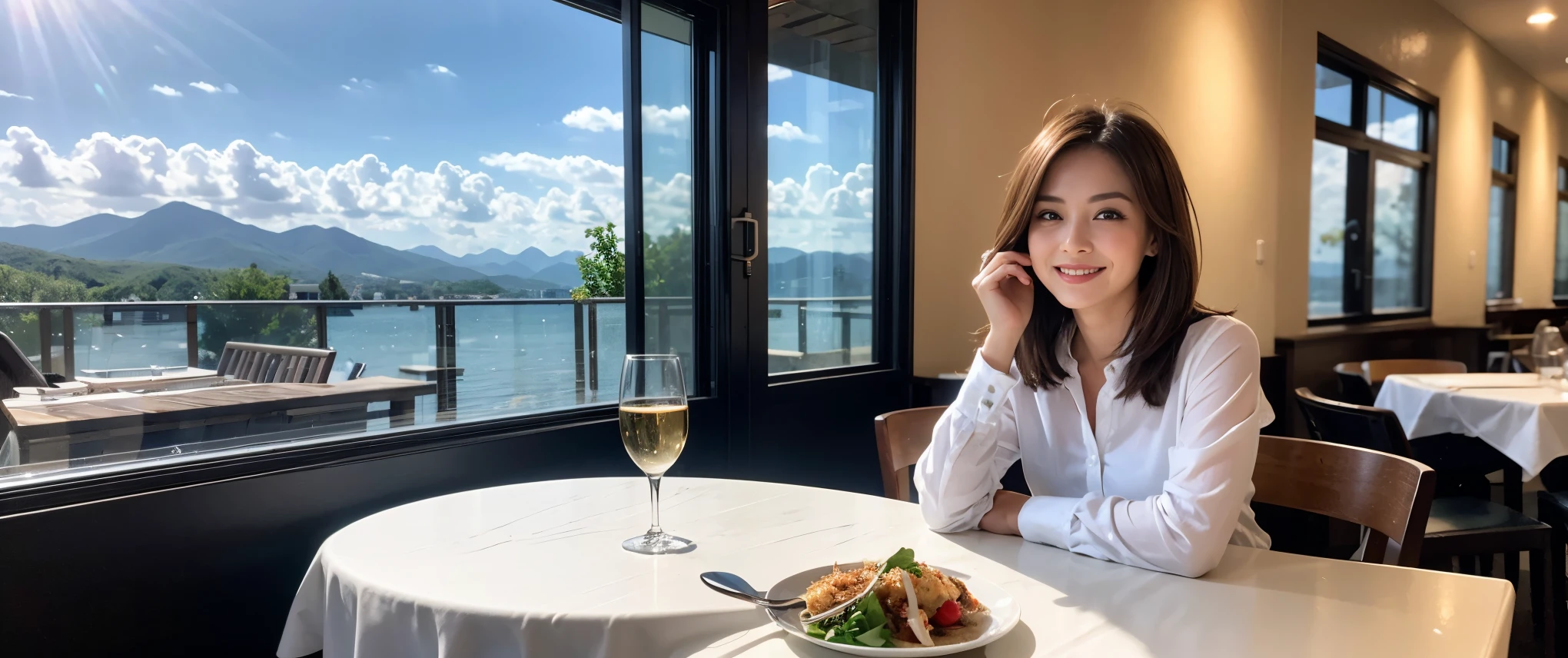 ((highest quality、8k、masterpiece:1.3))、1 male、1 female、Couple、spouse、Couple、Slim body、((Bob Hale、Straight hair:1.2)), (Realistic, Intricate details:1.2), Wine glass on the table、Shine light on your face、 Amazing view of the sunset sky and clouds、Amazing mountain views、A bright smile、The wonderfulness of smile、Bright image、The beauty of wine, Beautiful Face, blue eyes, The light shines on your face, Blushing, short hair,Bright Face、 (Age 37), 39 years old, red wine 、Appetizers、Italian food、Wine bottle、Champagne、sparkling wine、Two beauties、Brown Hair、Shortcuts、Long sleeve shirt、dress、Pretty Woman 1, (Slim face), (The body is slim), (Brown Hair), (Shortcuts), cheeks turn a little red,Attractive beauty、restaurant, In a prominent place (From the waist up) Nova Frog Style, actress, model, Upper Body, White wine, slim, wine glass, Wine glass placed in the center, smile, (smile: 1.15), Beautiful fine grain, Depth f/2,saturation, High Contrast, Strong light and shadow,Moist Body:1.5、3D texture、Delicate eyes、Brown Hair、The hair is very shiny、