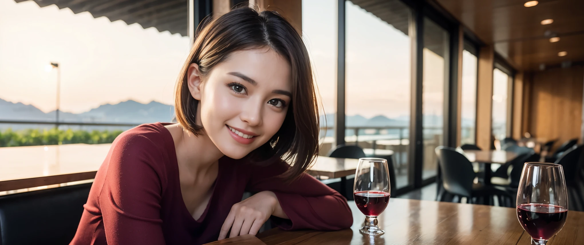 ((highest quality、8k、masterpiece:1.3))、1 male、1 female、Couple、spouse、Couple、Slim body、((Bob Hale、Straight hair:1.2)), (Realistic, Intricate details:1.2), Wine glass on the table、Shine light on your face、 Amazing view of the sunset sky and clouds、Amazing mountain views、A bright smile、The wonderfulness of smile、Bright image、The beauty of wine, Beautiful Face, blue eyes, The light shines on your face, Blushing, short hair,Bright Face、 (Age 37), 39 years old, red wine 、Appetizers、Italian food、Wine bottle、Champagne、sparkling wine、Two beauties、Brown Hair、Shortcuts、Long sleeve shirt、dress、Pretty Woman 1, (Slim face), (The body is slim), (Brown Hair), (Shortcuts), cheeks turn a little red,Attractive beauty、restaurant, In a prominent place (From the waist up) Nova Frog Style, actress, model, Upper Body, White wine, slim, wine glass, Wine glass placed in the center, smile, (smile: 1.15), Beautiful fine grain, Depth f/2,saturation, High Contrast, Strong light and shadow,Moist Body:1.5、3D texture、Delicate eyes、Brown Hair、The hair is very shiny、