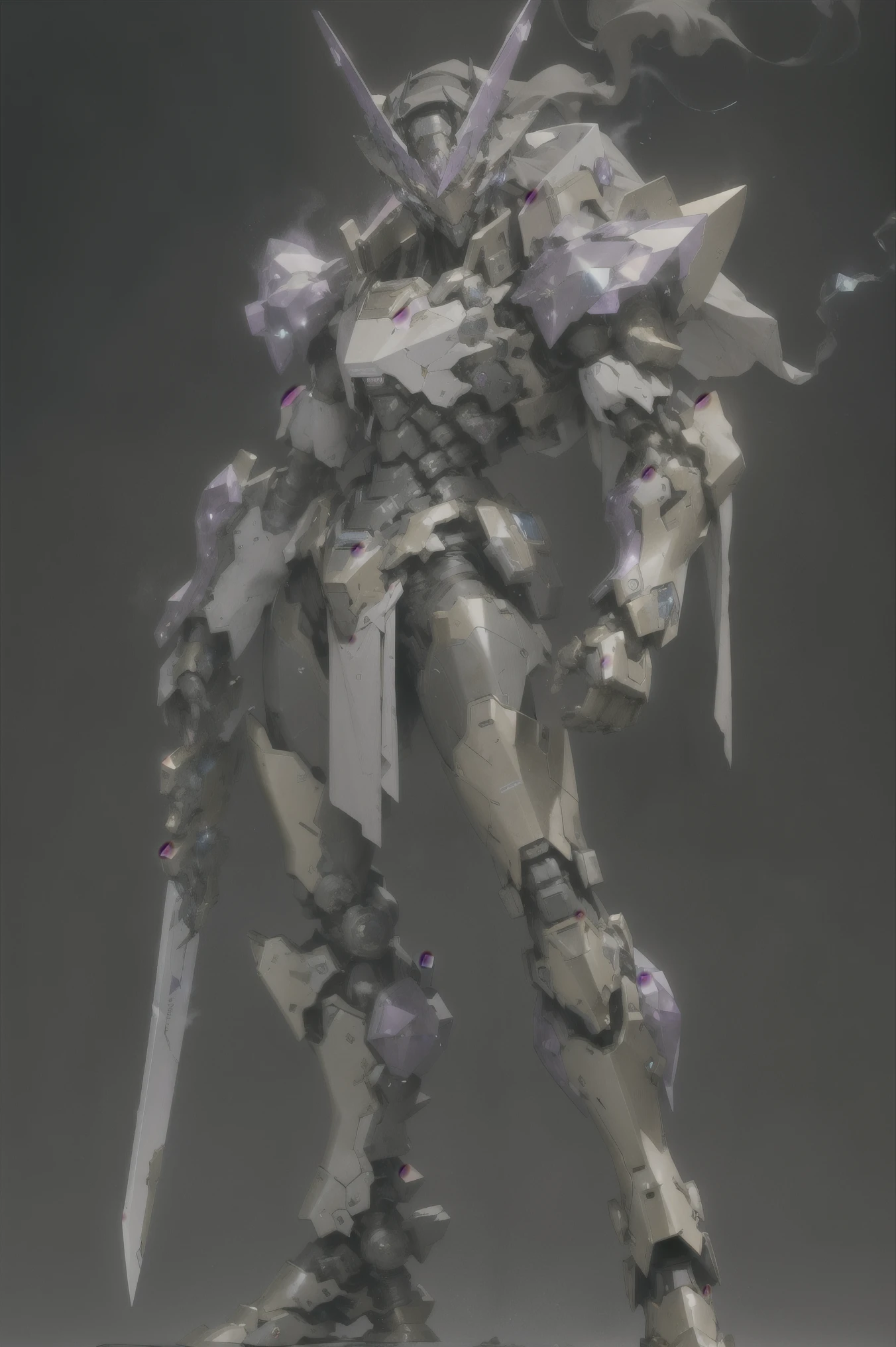 Masterpiece, best quality, Mecha, no human, Black Armor, stone eyes, science fiction, stone, Use Katana stone, war, savage, battle scene, conflict, destroyed city and destroyed Robot background, Mecha stone Statue, made of stone, Full body, The Mecha damaged, The left arm was severely damaged, Smoke floats from the mannequin, smoke,crystal, Crystals filled the body, The left arm is crystal, purple crystal, shining crystal, The crystal shone with a bluish-purple glow,