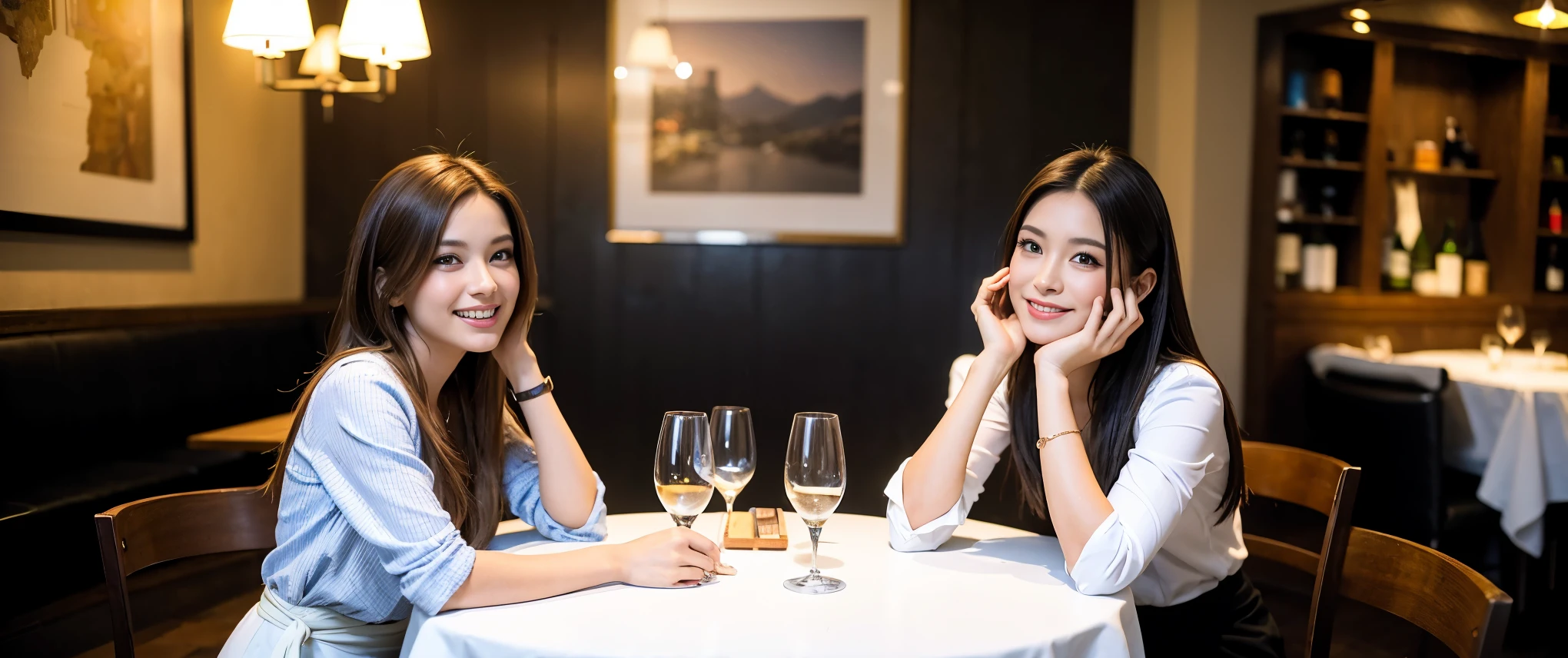 ((highest quality、8k、masterpiece:1.3))、1 male、1 female、Couple、spouse、Couple、Slim body、((Bob Hale、Straight hair:1.2)), (Realistic, Intricate details:1.2), Wine glass on the table、Shine light on your face、 Amazing view of the sunset sky and clouds、Amazing mountain views、A bright smile、The wonderfulness of smile、Bright image、The beauty of wine, Beautiful Face, blue eyes, The light shines on your face, Blushing, short hair,Bright Face、 (Age 37), 39 years old, red wine 、Appetizers、Italian food、Wine bottle、Champagne、sparkling wine、Two beauties、Brown Hair、Shortcuts、Long sleeve shirt、dress、Pretty Woman 1, (Slim face), (The body is slim), (Brown Hair), (Shortcuts), cheeks turn a little red,Attractive beauty、restaurant, In a prominent place (From the waist up) Nova Frog Style, actress, model, Upper Body, White wine, slim, wine glass, Wine glass placed in the center, smile, (smile: 1.15), Beautiful fine grain, Depth f/2,saturation, High Contrast, Strong light and shadow,Moist Body:1.5、3D texture、Delicate eyes、Brown Hair、The hair is very shiny、