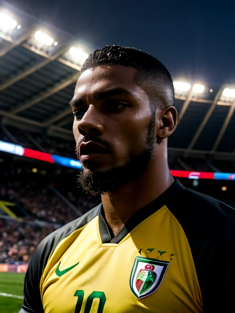 Senegal soccer goalkeeper. Goalkeeper gloves. 24 years old. Black hair. Buzz cut. Short hair. Strong chin. Black skin. Ducktail beard. Dramatic light. Portrait. Male. Black jersey. Masterpiece, best quality, 4k, portrait, very detailed. Male. Full stadium. Crowd cheering.
