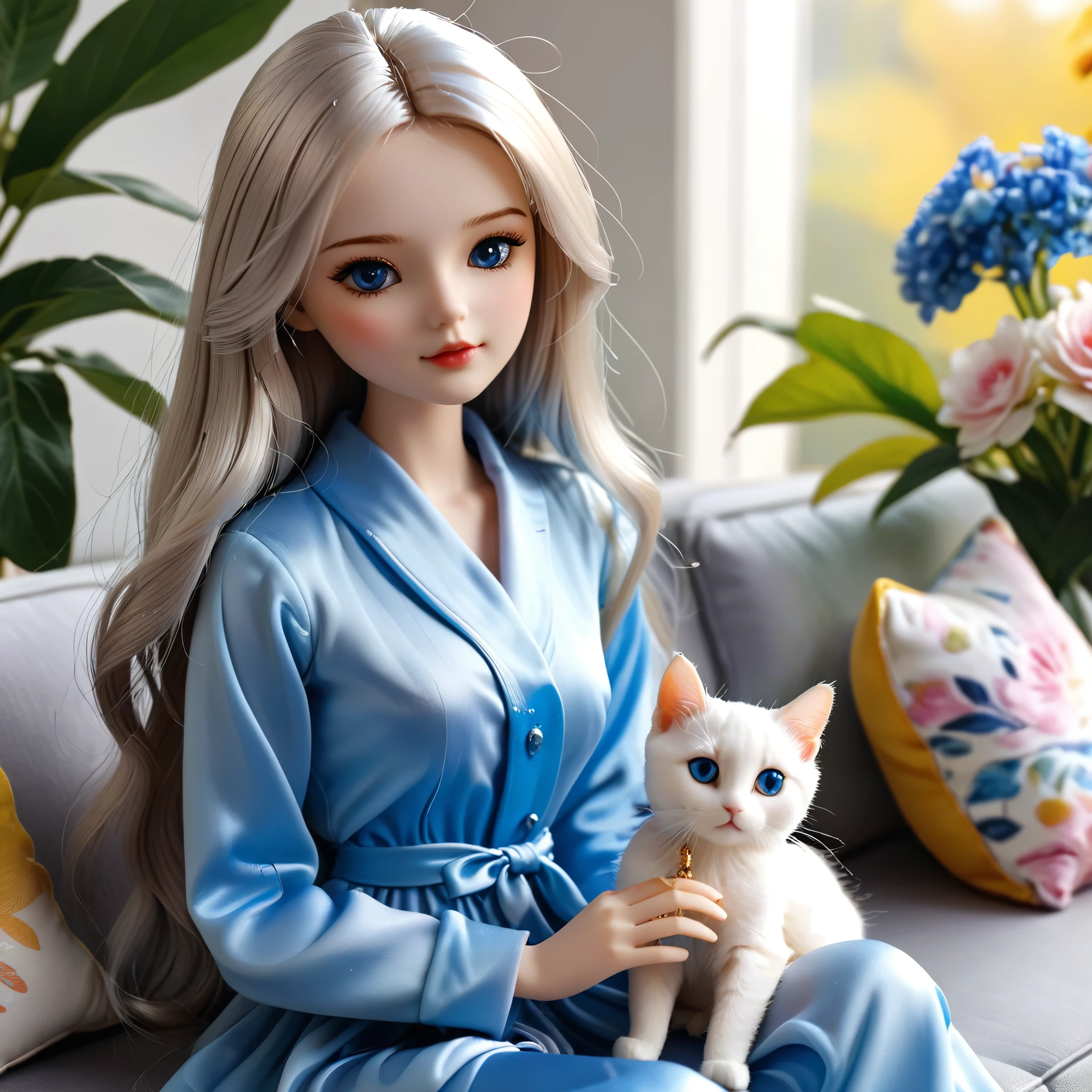 (masterpiece, best quality: 1.2),Barbie doll, ，Exquisite eyes, （（Silk Pajamas）），Sitting on the sofa with a cat（8K）（HD）