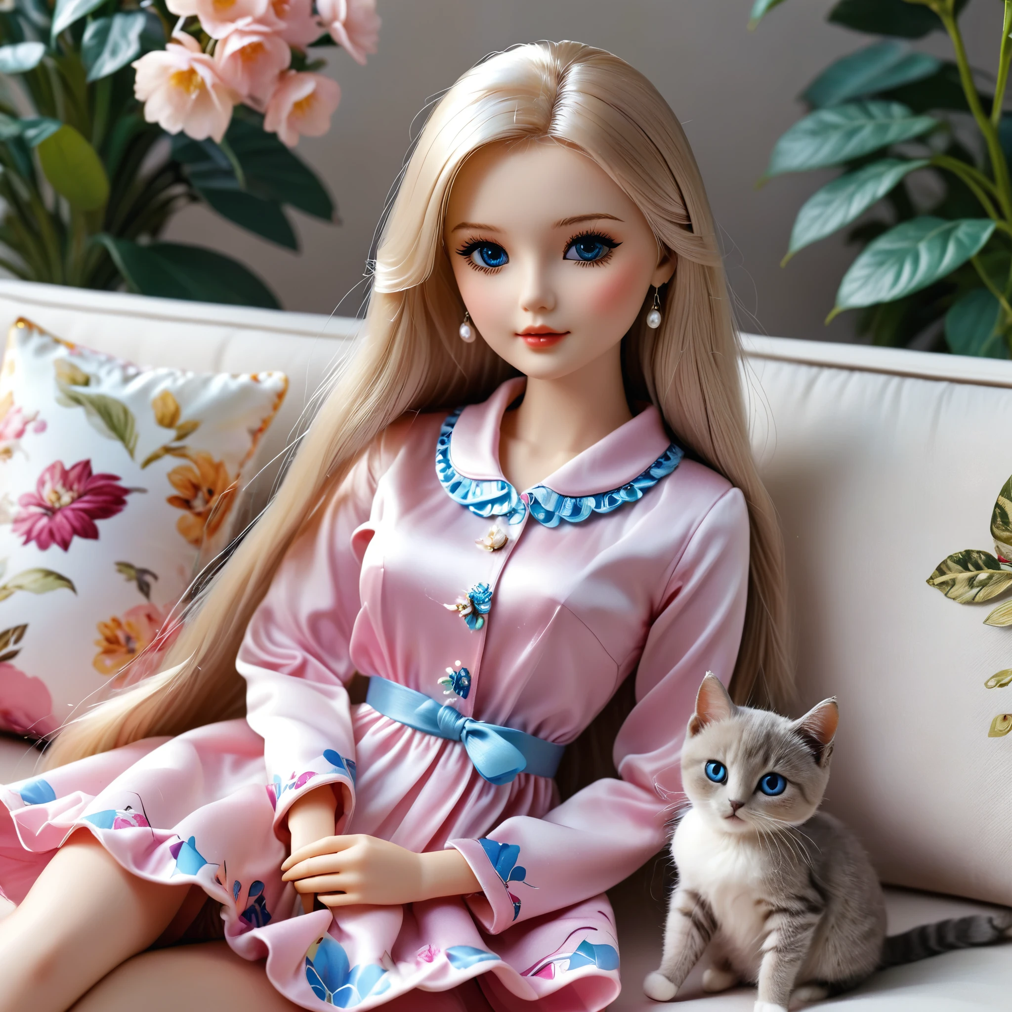 (masterpiece, best quality: 1.2),Barbie doll, ，Exquisite eyes, （（Silk Pajamas）），Sitting on the sofa with a cat（8K）（HD）