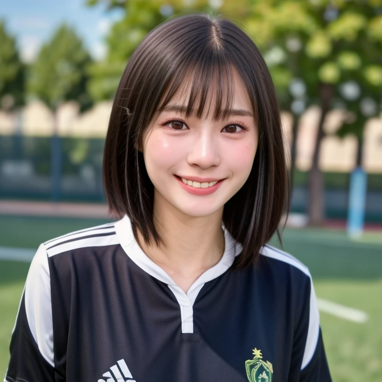 (kawaii 24 year-old Japanese girl, Nogizaka idol, Korean idol, soccer player), healthy female athlete body, (glossy black hair, very short hair, bangs:1.5), beautiful black eyes, rounded face, single eyelid, whitened even teeth, (no makeup:1.2), (big laughing:1.2), (soccer uniform:1.3), extra small breasts, BREAK, (park background, summer daytime:1.2), (dynamic angle, bust shot:1.2), BREAK, (masterpiece, best quality, photo realistic, official art:1.4), (UHD, 8K quality wallpaper, high resolution, raw photo, golden ratio:1.3), (shiny skin), professional lighting, physically based rendering, award winning, (highly detailed skin texture, extremely detailed face and eyes textures), Carl Zeiss 85 mm F/1.4, depth of field, (1girl, solo),