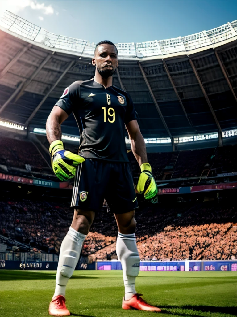 Senegal soccer goalkeeper. Goalkeeper gloves. 24 years old. Black hair. Buzz cut. Short hair. Strong chin. Black skin. Ducktail beard. Dramatic light. Full body. Male. Black jersey. Masterpiece, best quality, 4k, portrait, very detailed. Male. Full stadium. Crowd cheering.