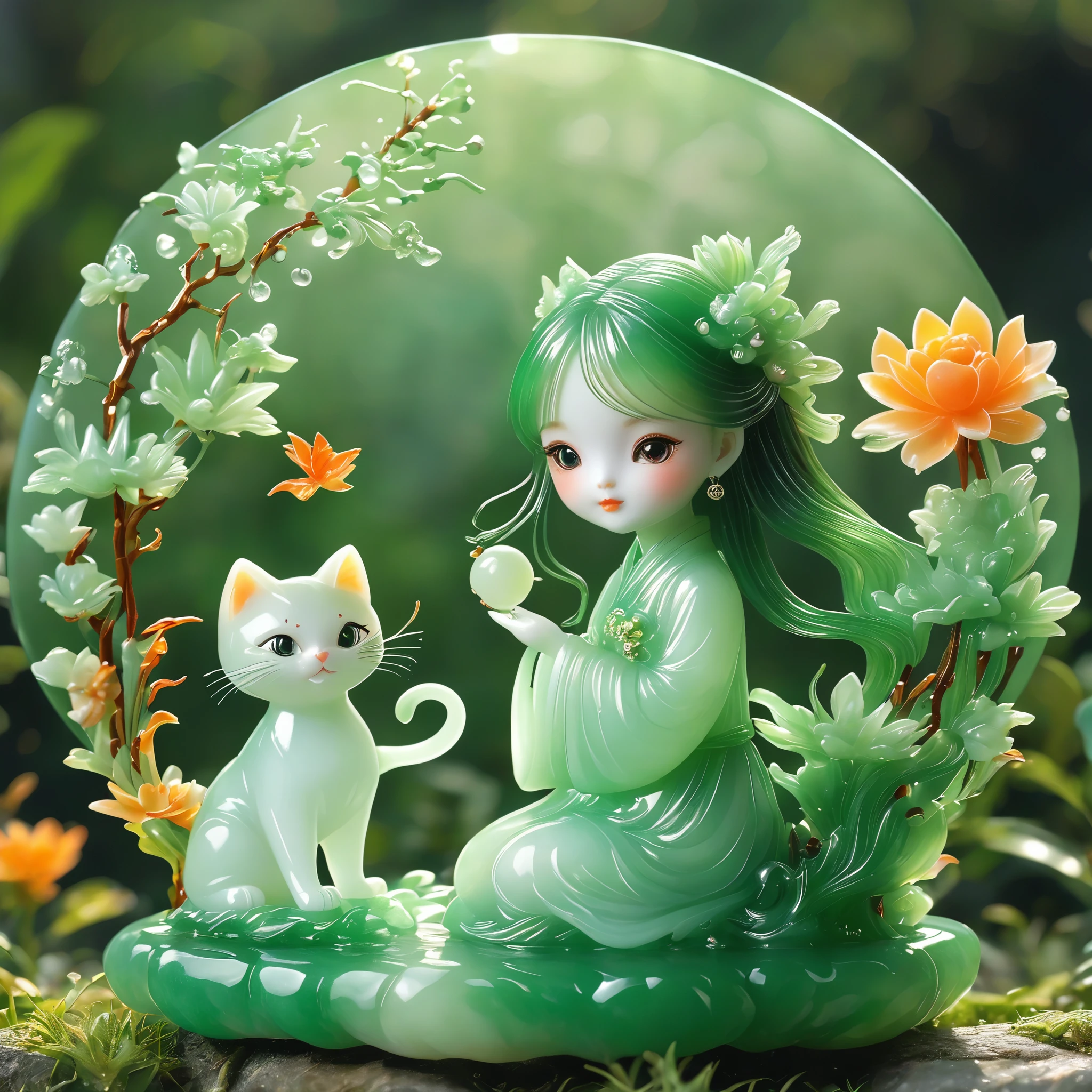 best quality, very good, 16K, ridiculous, Extremely detailed, Lovely(((Girl and cat:1.3)))，Made of translucent jadeite, Background grassland（（A masterpiece full of fantasy elements）））， （（best quality））， （（Intricate details））（8k）