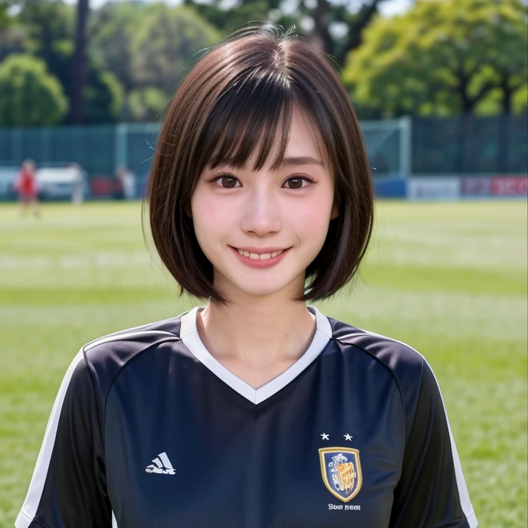 (kawaii 24 year-old Japanese girl, Nogizaka idol, Korean idol, soccer player), healthy female athlete body, (glossy black hair, very short hair, bangs:1.5), beautiful black eyes, rounded face, single eyelid, whitened even teeth, (no makeup:1.2), (big laughing:1.2), (soccer uniform:1.3), extra small breasts, BREAK, (park background, summer daytime:1.2), (dynamic angle, bust shot:1.2), BREAK, (masterpiece, best quality, photo realistic, official art:1.4), (UHD, 8K quality wallpaper, high resolution, raw photo, golden ratio:1.3), (shiny skin), professional lighting, physically based rendering, award winning, (highly detailed skin texture, extremely detailed face and eyes textures), Carl Zeiss 85 mm F/1.4, depth of field, (1girl, solo),