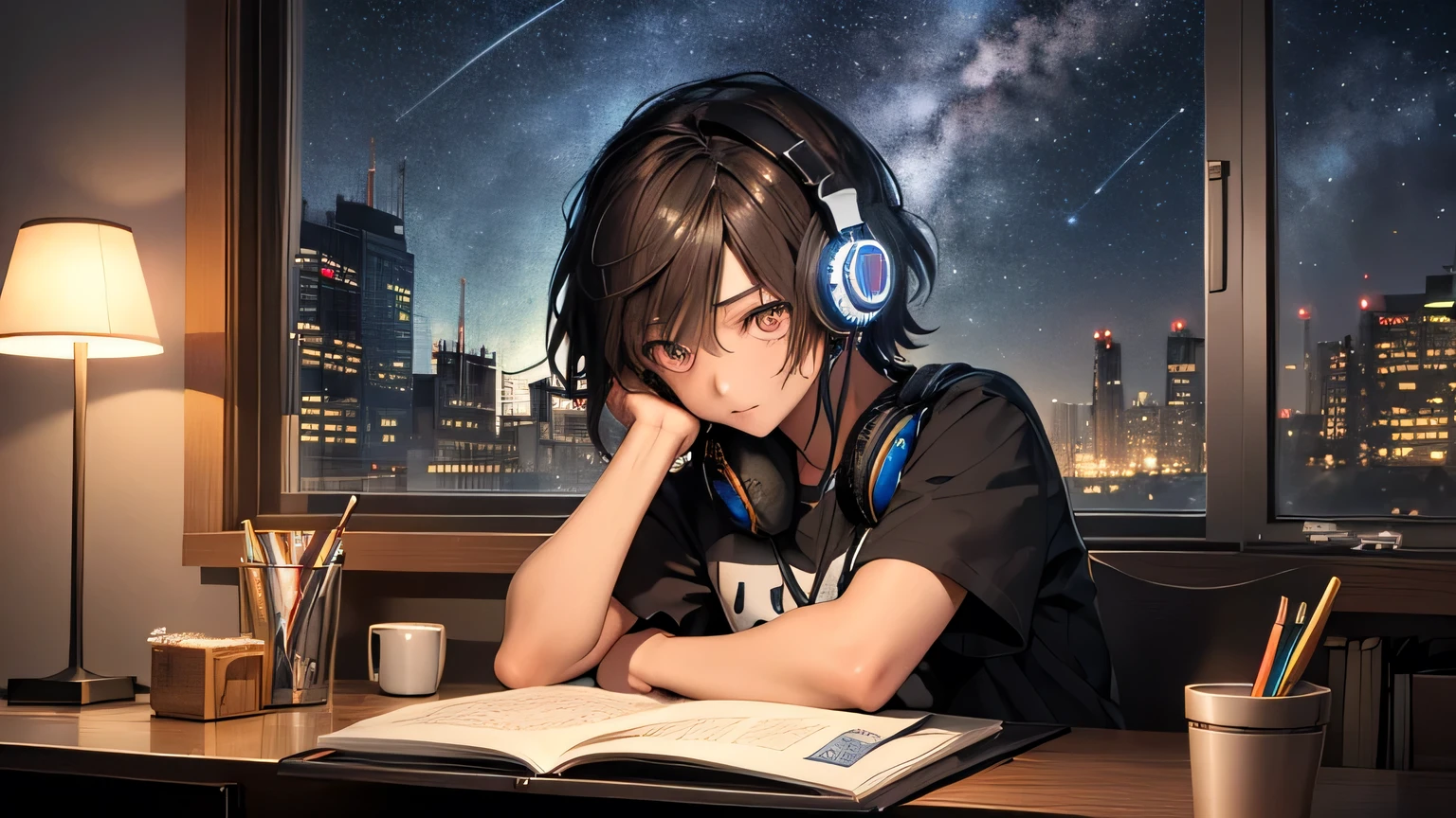 (Highly detailed CG Unity 8k wallpaper), The most beautiful works of art in the world, One girl, Short sleeve,Upper Body,Midnight、A girl studying at a desk with a pencil，Hair color is dark brown，short hair,Over ear headphones，Starry sky in the window