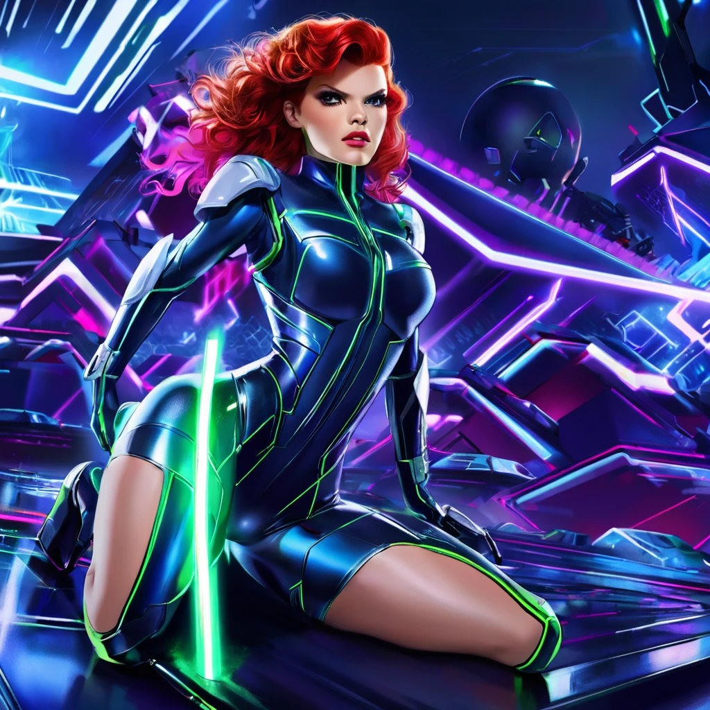 A sassy, obnoxious red-haired dominatrix woman, (Sandra Bernhard age 25), in a Tron-inspired futuristic sci-fi setting, punishing blue and green women with intense, powerful expressions, vivid colors, dramatic lighting, hyper-detailed, cinematic composition, photorealistic, 8k, masterpiece