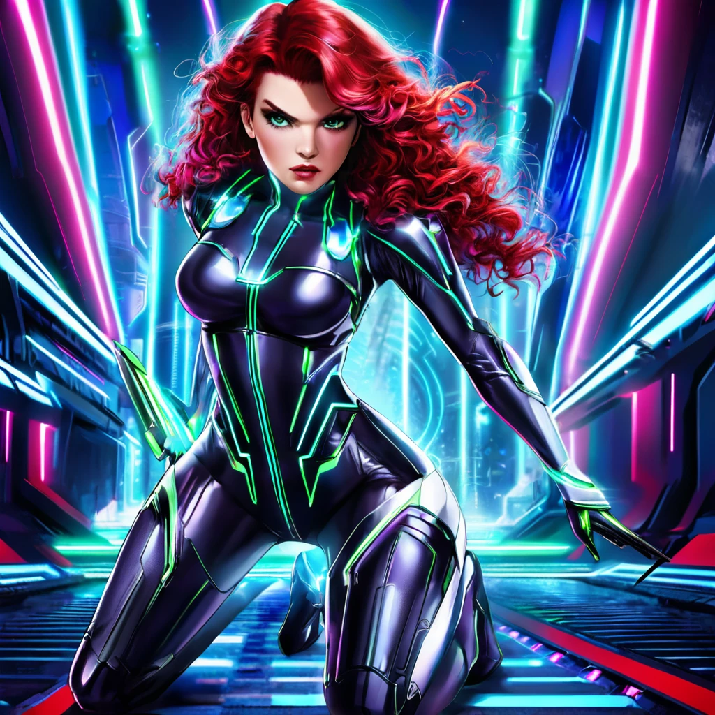 A sassy, obnoxious red-haired dominatrix woman, (Sandra Bernhard age 25), in a Tron-inspired futuristic sci-fi setting, punishing blue and green women with intense, powerful expressions, vivid colors, dramatic lighting, hyper-detailed, cinematic composition, photorealistic, 8k, masterpiece