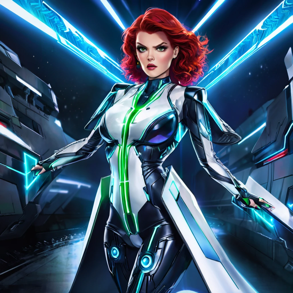 A sassy, obnoxious red-haired dominatrix woman, (Sandra Bernhard age 25), in a Tron-inspired futuristic sci-fi setting, punishing blue and green women with intense, powerful expressions, vivid colors, dramatic lighting, hyper-detailed, cinematic composition, photorealistic, 8k, masterpiece