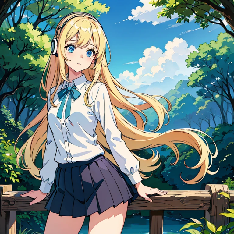 a cute beautiful girl listening to relaxing music with her headphones that takes her to a surreal forest, young anime girl, long wavy blond hair, sky blue eyes, full round face, miniskirt, front view, mid - shot, highly detailed, digital art by wlop, trending on artstation