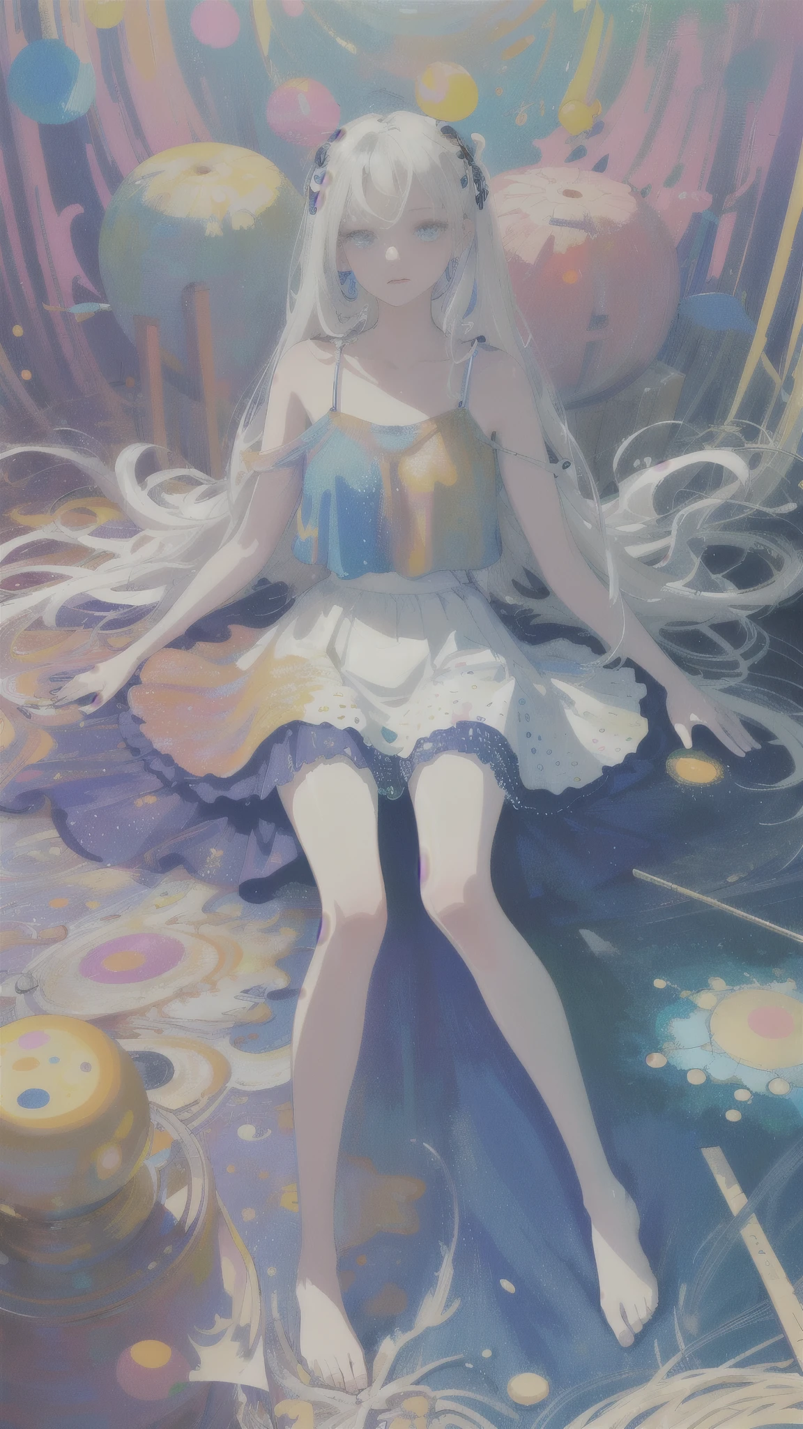 (masterpiece, best quality: 1.2), (Super detailed), (illustration), wallpaper, The original, 1 Girl, messy white hair, spaghetti straps, White Skirt, Bare Legs, barefoot, Bare arms, whole body, (Surrounded by colorful spots and dots), Colorful bubbles, (Shiny), Simple background, Solid color background