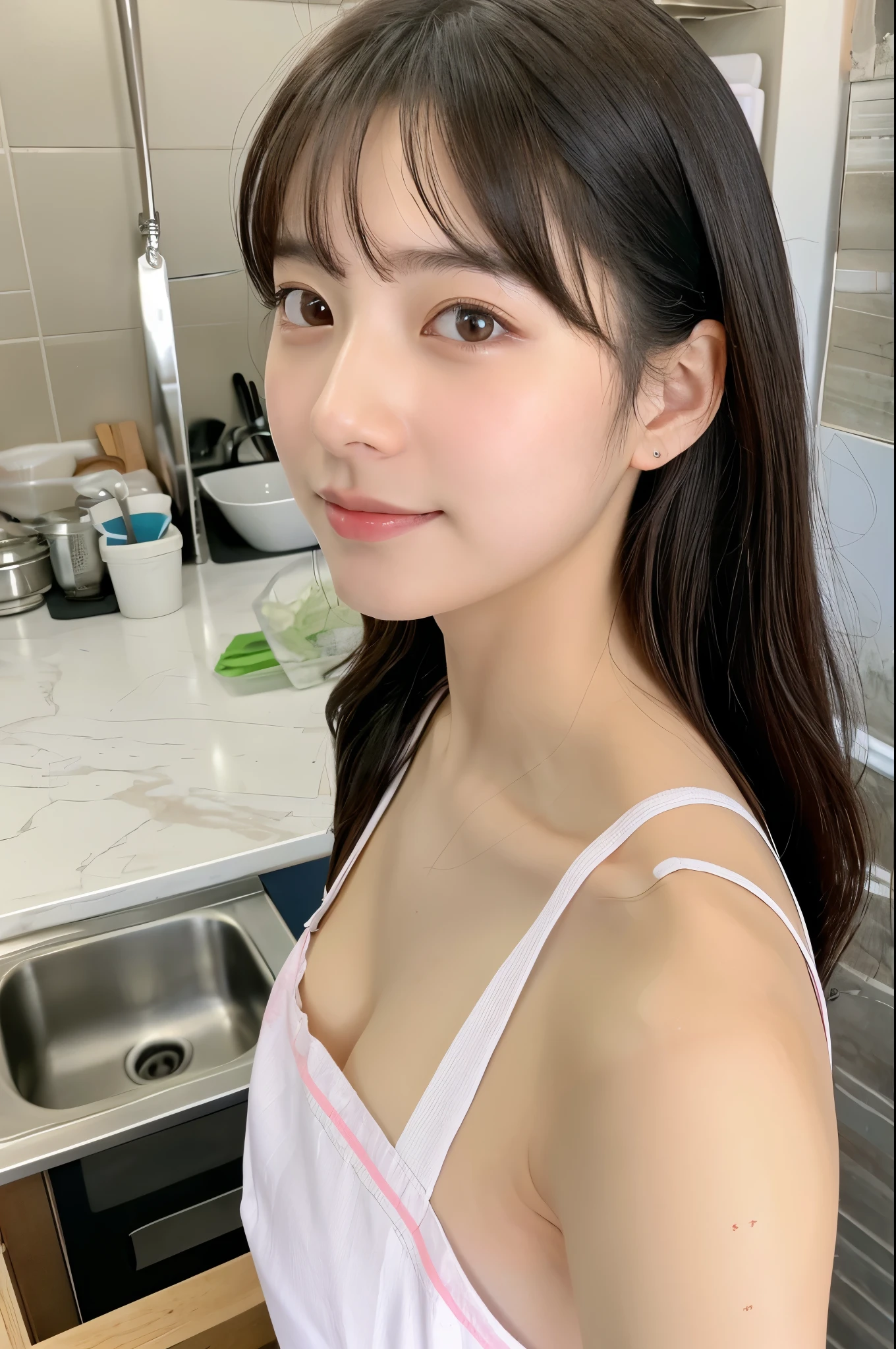Cute like an idol、Cute and adorable、A 20-year-old girl with a young face、Naked with only an apron、Naked under the apron、Cleavage、Lateral figure、全身のLateral figure、全身のLateral figure、Her butt is sticking out from under her apron、Washing dishes in the kitchen sink、Accurate、Anatomically correct、Textured skin、Super detailed、 Attention to detail、highest quality、High resolution、Genuine、Indistinguishable from live-action、realism、Real Stick、RAW Photos、Genuine、masterpiece