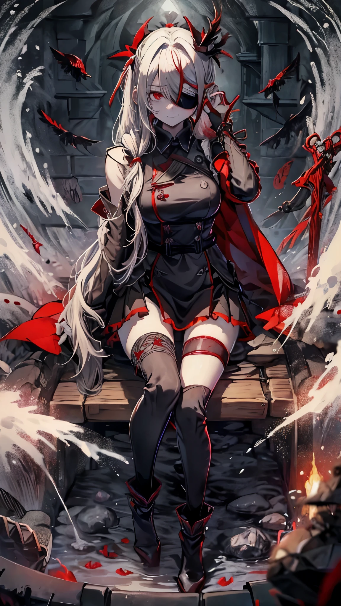 white hair　Red Eyes　Black clothes　sickleを持っている　boots　Eye mask　Kitchen disease　Cool　crow　sickle　dark　dark darkness　大sickle　grim Reaper　evil　Ponytail　long coat　boss　ラスboss　Red Moon　Blindfold