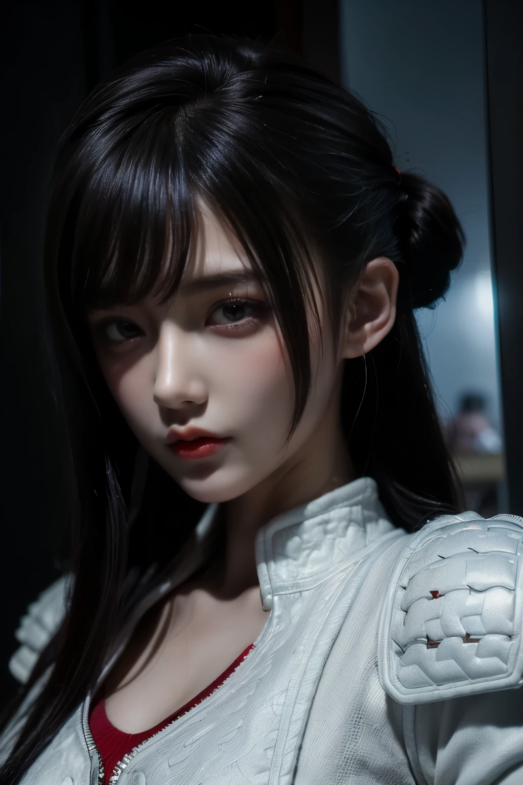 tmasterpiece,Best quality,A high resolution,8K,(Portrait photograph:1.5),(ROriginal photo),real photograph,digital photography,(Combination of cyberpunk and fantasy style),(Female soldier),20 year old girl,random hair style,By bangs,(Red eyeigchest, accessories,Redlip,(He frowned,Sneer),(Cyberpunk combined with fantasy style clothing,Openwork design,joint armor,police uniforms,White jacket,Red),exposing your navel,Photo pose,Realisticstyle,Thunder and lightning on rainy day,(Thunder magic),oc render reflection texture