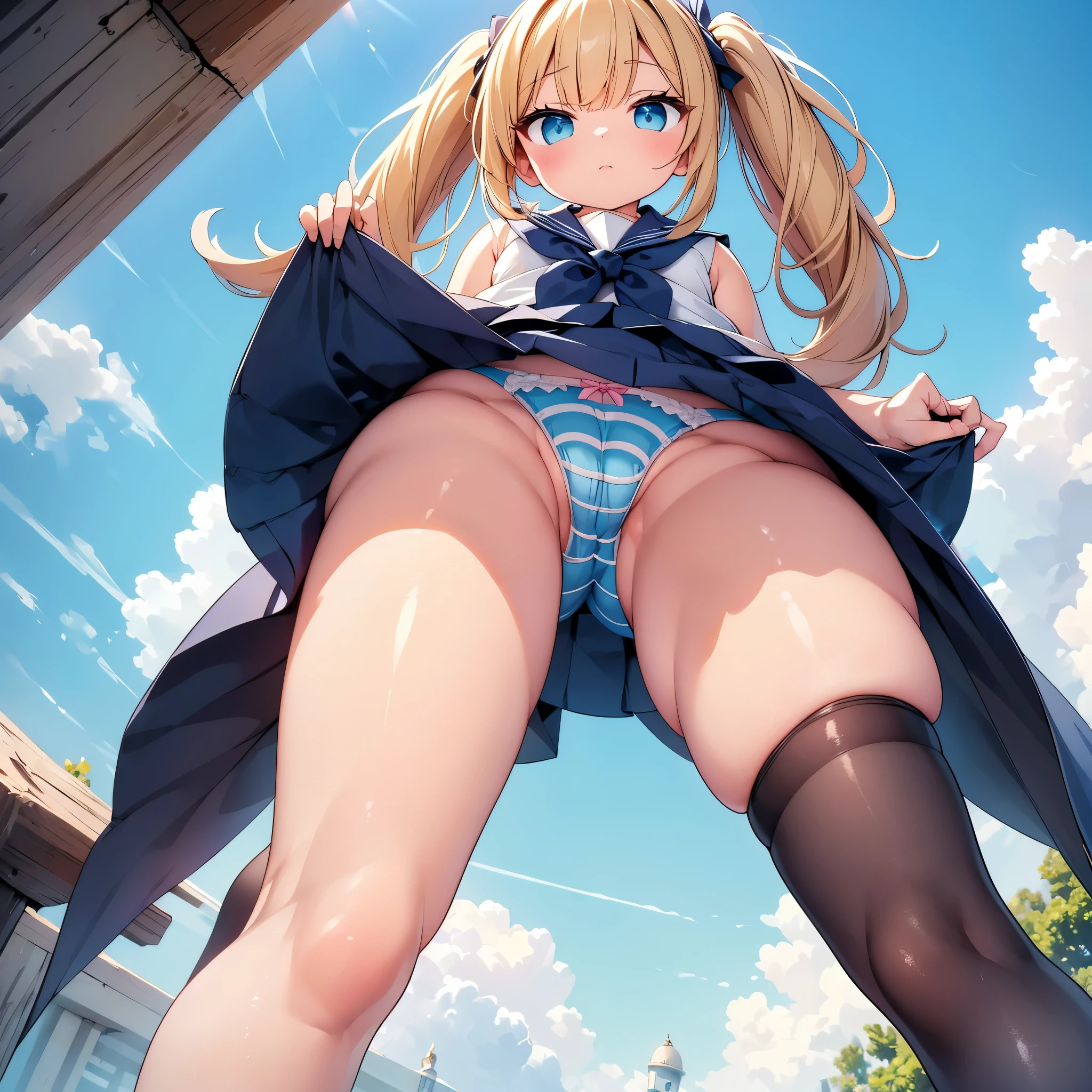 highest quality,wonderful,finely,extremely detailed CG Unity 8K wallpaper,(Sailor suit), (Light blue striped underwear),(beautiful ass:1.3),(black stockings:1.1),(Thighs:1.2)