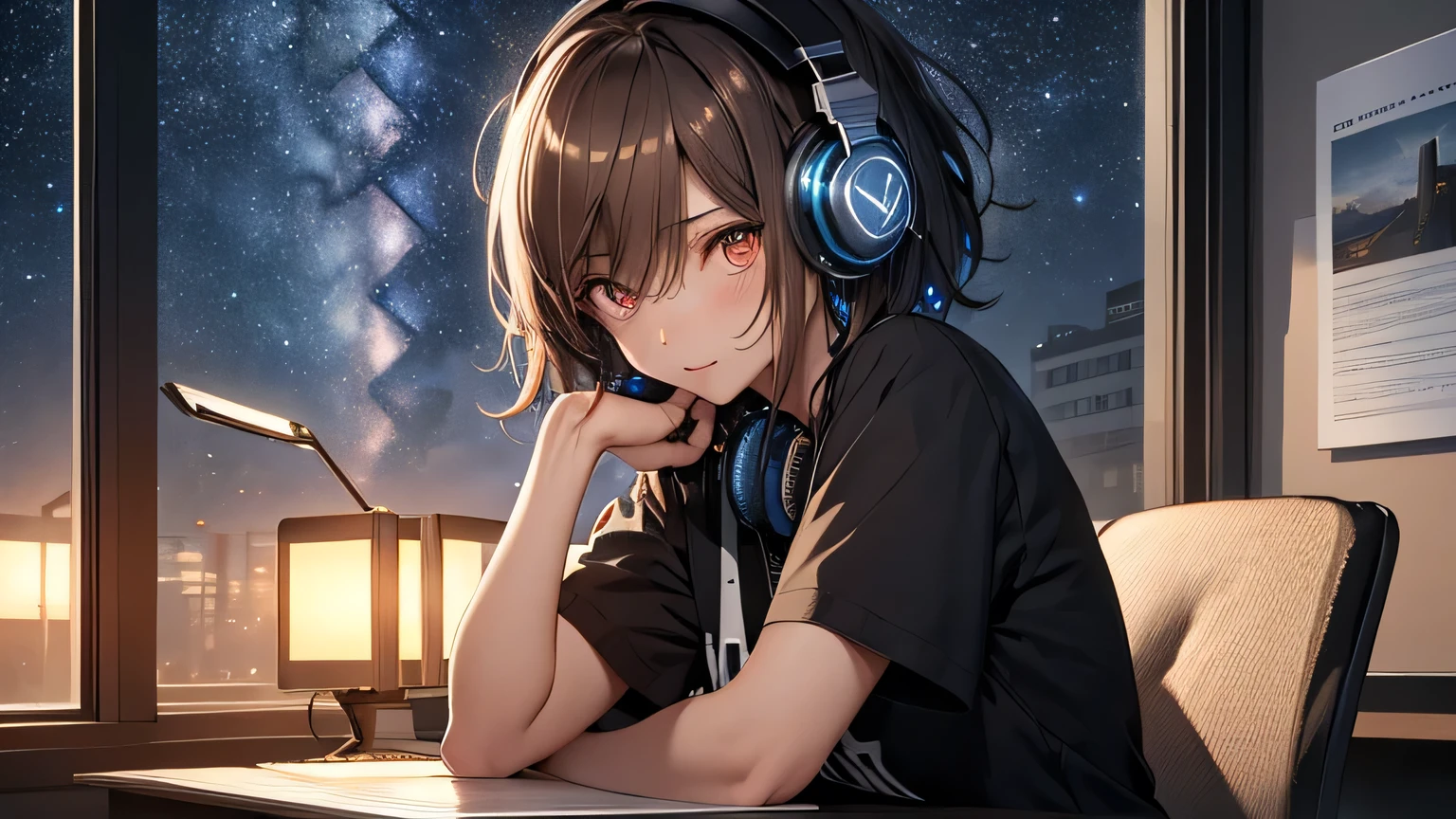 (Highly detailed CG Unity 8k wallpaper), The most beautiful works of art in the world, One Girl, Short sleeve,Pastel colored clothes,Upper Body,Midnight、A girl studying at a desk with a pencil，Hair color is dark brown，short hair,Over-Ear Headphones，Starry sky in the window