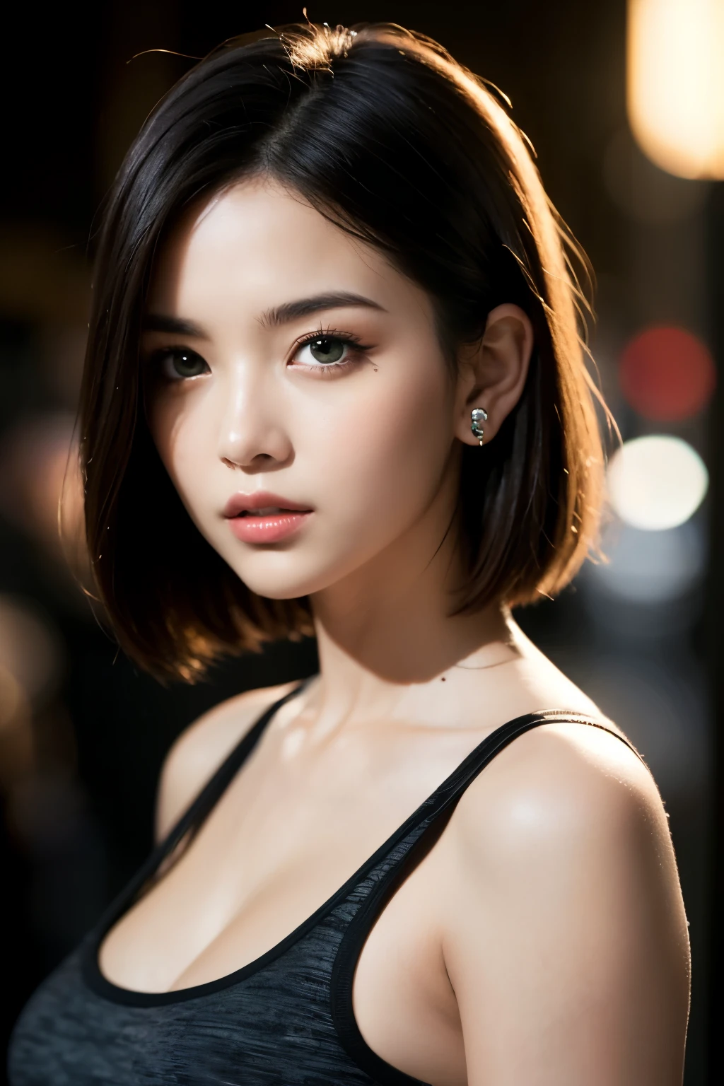 A beautiful girl is the focus of this scene. She has **short white hair** that falls just above her shoulders, giving her a youthful and energetic look. Her **pointy ears** are a unique feature that adds to her charm. Her **green eyes** are full of life and they make direct **eye contact** with the viewer, creating a strong connection. Her **plump lips** and **cheeks** add to her youthful appearance.
She is wearing a **white crop top**, which adds a casual yet stylish element to her look. The setting is at **night**, adding a sense of mystery and intrigue to the scene. Despite the darkness, the girl is illuminated perfectly, highlighting her features and the details of her face and skin. The **lighting** is perfect, casting just the right amount of shadow and light to create a realistic and three-dimensional effect.
The **depth of field** is used effectively in this scene, with the girl in sharp focus against a blurred background. This draws the viewer's attention directly to her, making her the undeniable focal point of the scene.
Every detail of this scene is rendered perfectly, from the girl's facial features to her clothing, making it a true **masterpiece**. The quality of the artwork is top-notch, with careful attention paid to every detail. The details of her face, eyes, and skin are particularly impressive, showcasing the artist's skill and attention to detail. This is a stunning piece of art that captures the beauty of the girl and the mood of the scene in an exceptional way.