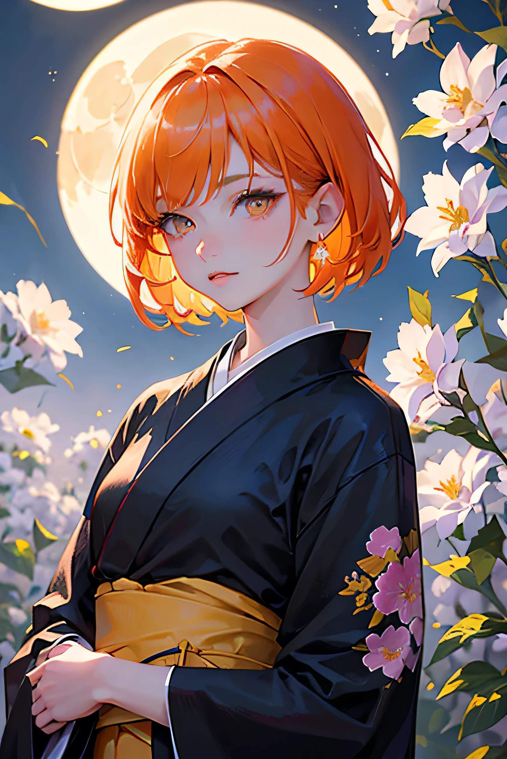 masterpiece, highest quality, so beautiful、up to date、Cool girl, Orange Hair, short hair, Yellow Eyes、Shining Eyes、Adult woman wearing black kimono、Moonlit Night、Face close-up、Flowers fluttering