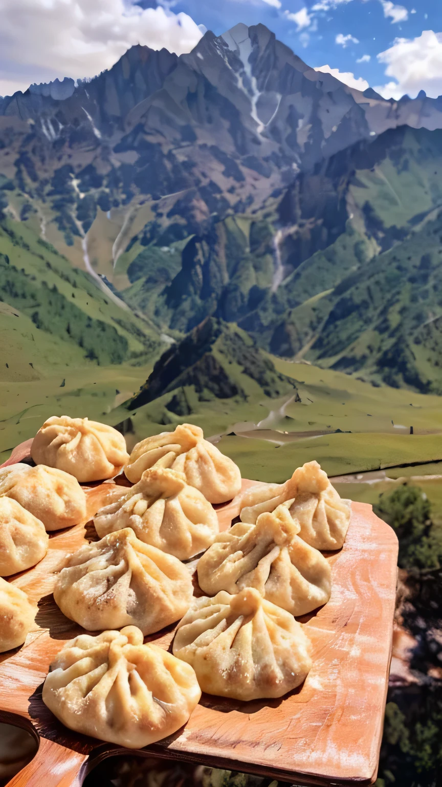dumplings on a wooden board against the background of mountains, Sichuan, from Muggur, ❤🔥🍄🌪, Dumplings on a plate, Abdullah Gergouri, Stunning scenery, Distant view, Uttarakhand, wonderful masterpiece, breathtaking scenery, Beautiful mountains behind, Georgievsky, jaw dropped, snacks, the most perfect desert in the world, Turkey