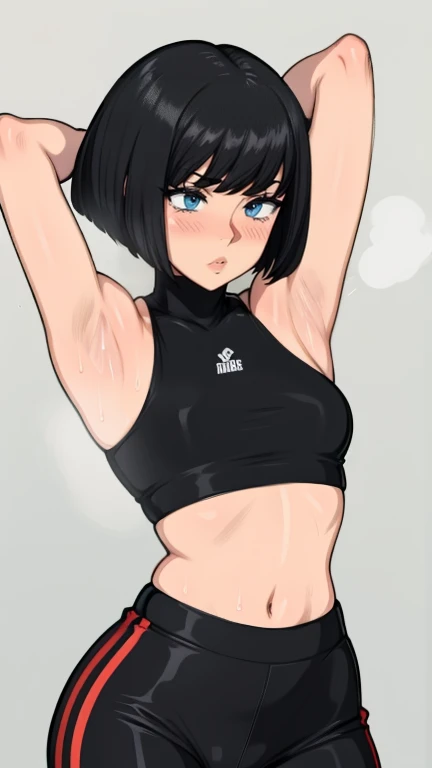 gym background、Super detailed illustrations、Super precise expression、masterpiece、highest quality、ultra high resolution、high resolution、(Sweat、body fluid)、shiny skin、black hair、bob cut hair、red eyes、black croptop turtleneck、sleeveless、Standing picture、hot pants、put hands behind head, armpits, armpits visible, sweaty armpits, small breasts