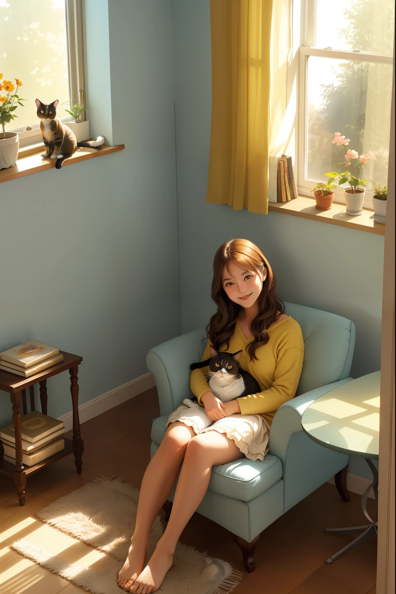 1girl,cat,girl with cat,sunlit room,cozy atmosphere,warm and inviting,home environment,bright afternoon sunlight,window seat,books,smiling girl,peaceful,serene setting,soft colors,girl with cat enjoying sunlit room,beautiful interior,relaxed vibe