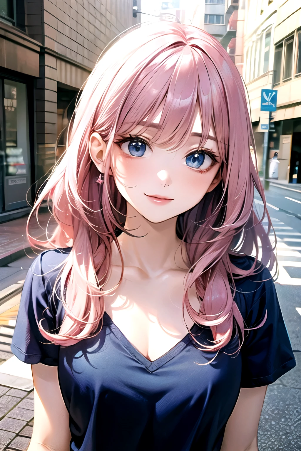 ((best quality)), ((masterpiece)), (detailed), perfect face. Asian girl. Pink hair. Blue eyes. V neck t-shirt. Street.