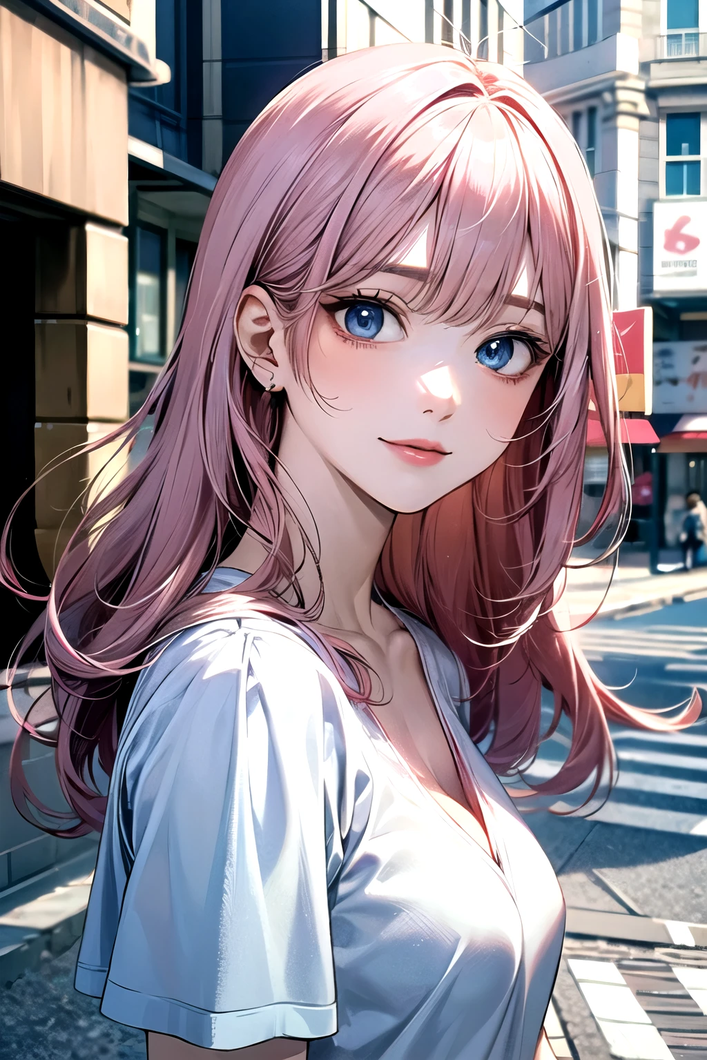 ((best quality)), ((masterpiece)), (detailed), perfect face. Asian girl. Pink hair. Blue eyes. V neck t-shirt. Street.