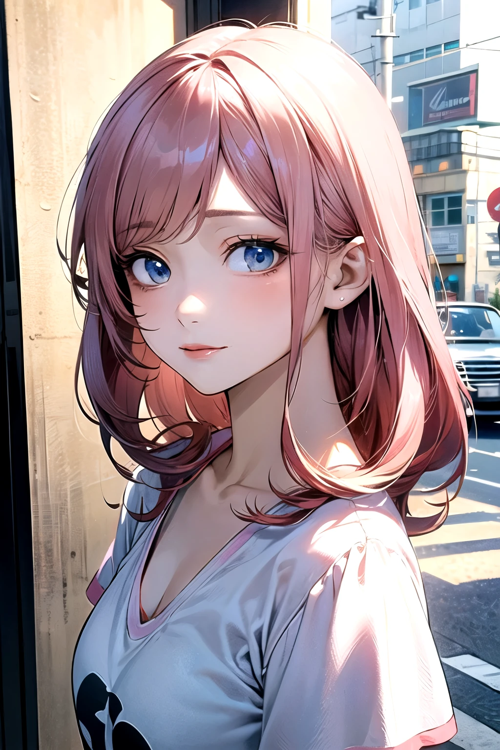 ((best quality)), ((masterpiece)), (detailed), perfect face. Asian girl. Pink hair. Blue eyes. V neck t-shirt. Street.