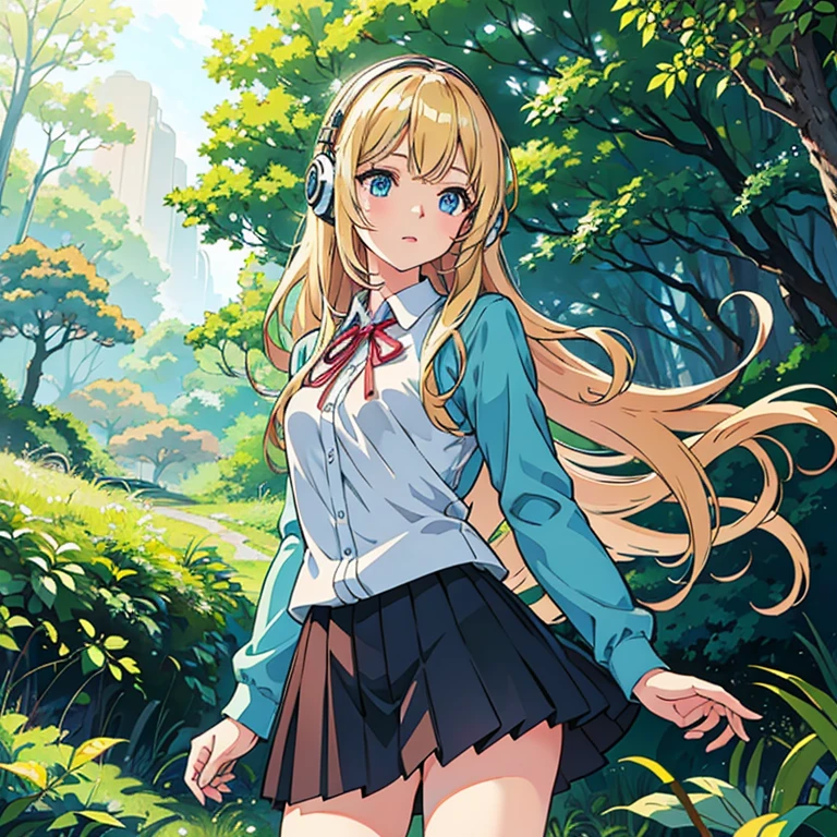 a cute beautiful girl listening to relaxing music with her headphones that takes her to a surreal forest, young anime girl, long wavy blond hair, sky blue eyes, full round face, miniskirt, front view, mid - shot, highly detailed, digital art by wlop, trending on artstation