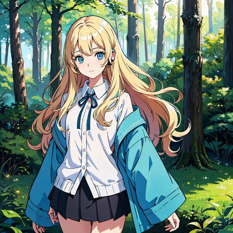 a cute beautiful girl listening to relaxing music with her headphones that takes her to a surreal forest, young anime girl, long wavy blond hair, sky blue eyes, full round face, miniskirt, front view, mid - shot, highly detailed, digital art by wlop, trending on artstation