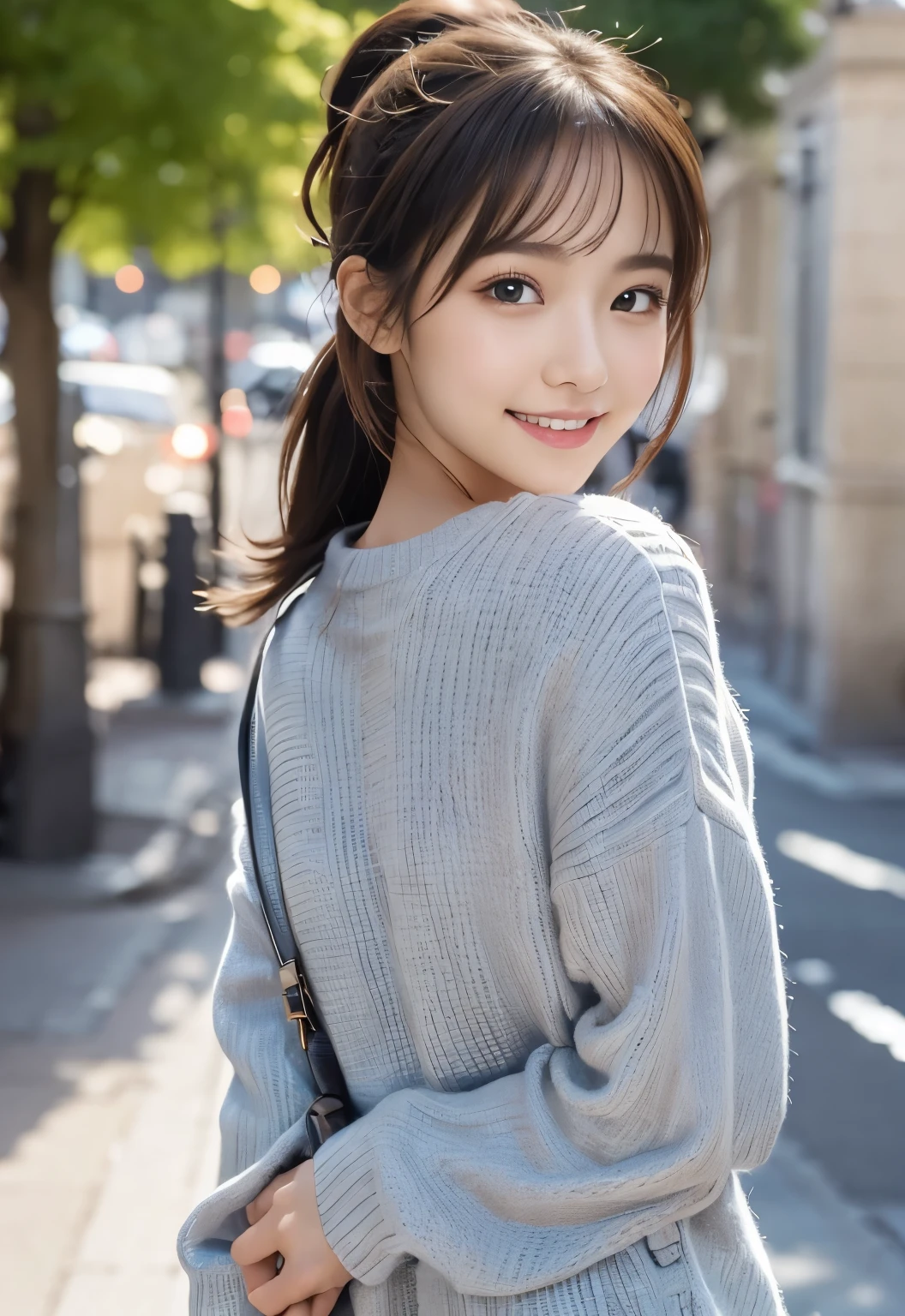 (masterpiece, best quality:1.1), (8k, raw photo, photo realistic:1.2, f22), (shiny skin), detailed skin,ponytail,ribbon,detailed face, detailed eyes,smile,BREAK, real world, intricate details, smil, BREAK, 1girl, full body,(long sleeve,ribbon,check pattern),BREAK, (evening:1.4)